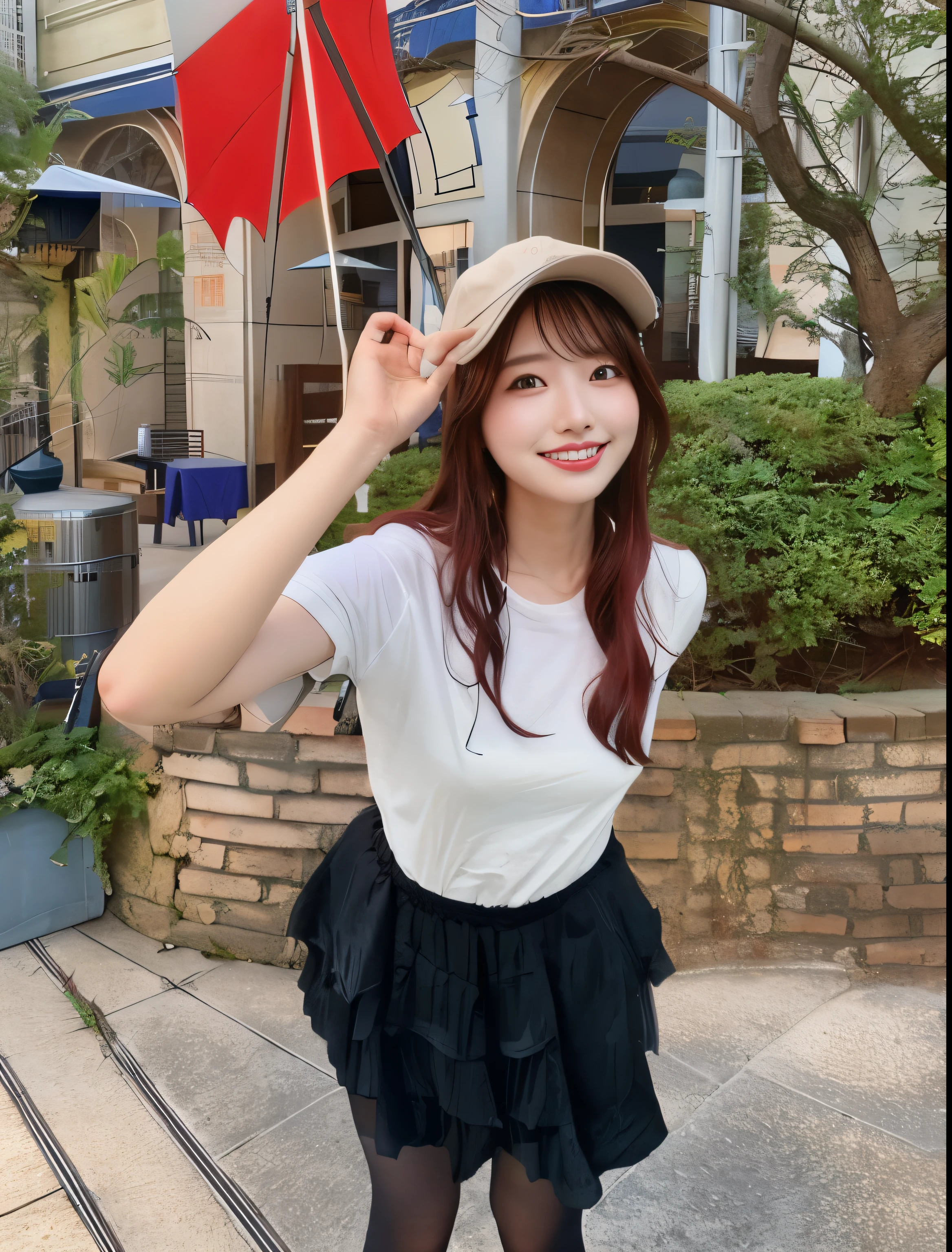 An arafi woman wearing a white shirt and black skirt and holding a red umbrella, Chiho, Ulzzang, Bae Suzy, motto hole, Yoshitomo Nara, sakimichan, Shinsui Ito, Nam Jae Young, shikamimi, junko enoshima, 8K))