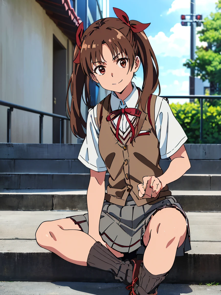 ((highest quality, 8K, A Certain Science Super Electromagnetic Cannon: 1.3, RAW photo)), sharp focus 1.5,woman,brown hair twintails,16 year old high school student cosplay,((black panty bra)),(((brown vest and gray miniskirt)))((Kuroko Shirai))(((red ribbon))),(((Sit on the steps of the station)))(((loose socks)))smile