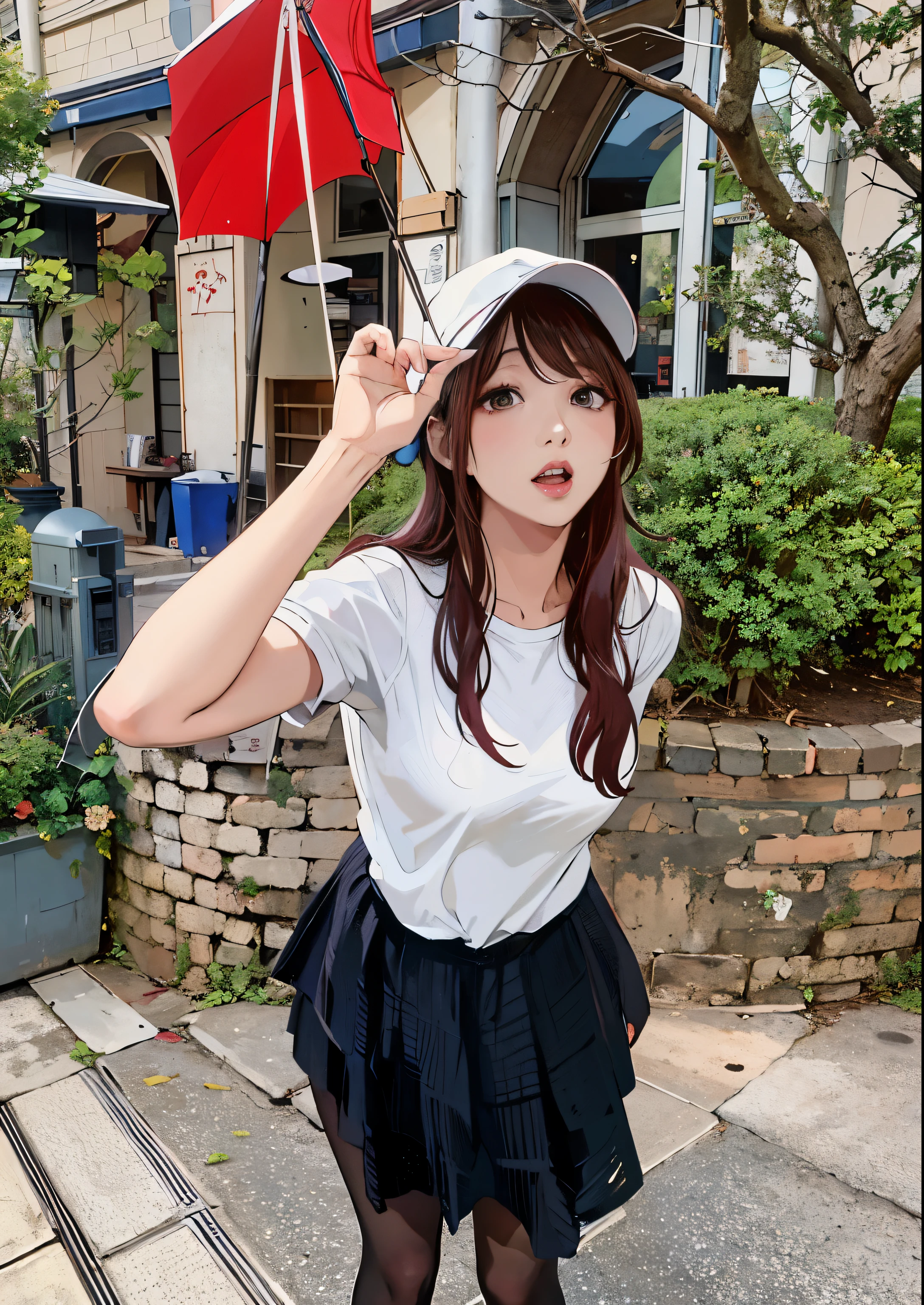 An arafi woman wearing a white shirt and black skirt and holding a red umbrella, Chiho, Ulzzang, Bae Suzy, motto hole, Yoshitomo Nara, sakimichan, Shinsui Ito, Nam Jae Young, shikamimi, junko enoshima, 8K))