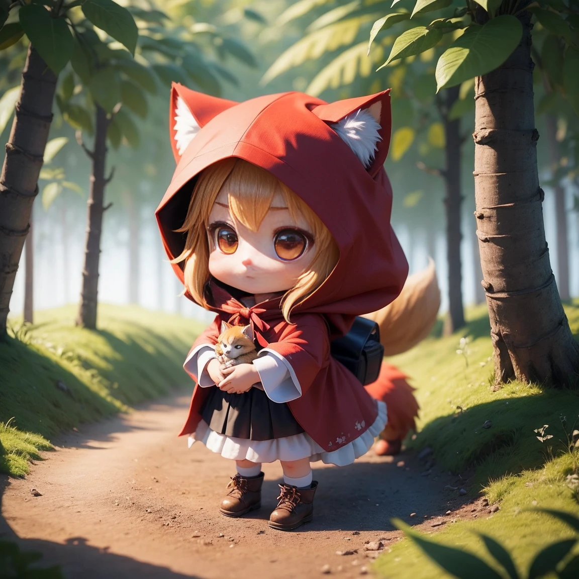 chibi 3d)))灰色の狼🐺がいる。There is a cute and beautiful little red riding hood。Arranged deep in the jungle。