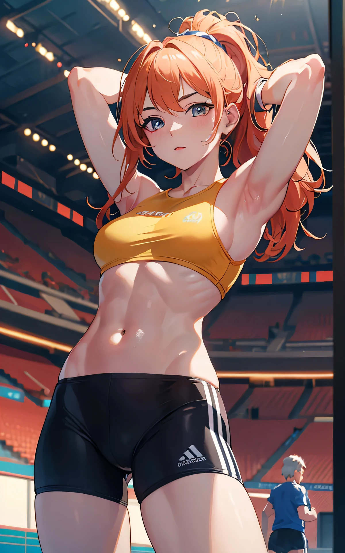 Unity 8K Wallpaper, Masterpiece, Best Quality, Ultra Detailed, Extremely Detailed CG, Ultra High Resolution, Caustics, Detailed, Beautiful Detailed Eyes, upper body, (hands on own chest, arms behind back:1.3, athletics stadium, brighten the subject, running trunks),