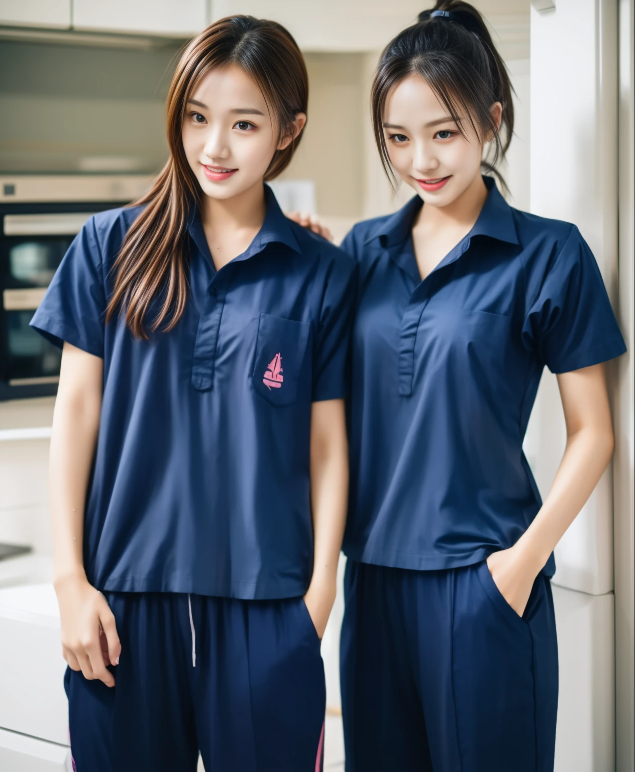 2 Girls in the Kitchen, Navy blue short-sleeved shirt,Navy Long Trackpant,Sweatpants, Sweatpantsขายาว,25 year old girl, lesbian, sexy, exercise clothes, wet body