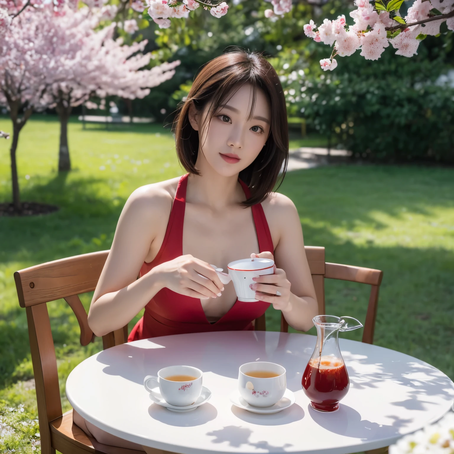 The main body is three milk tea cups,put on white table,There is a cherry tree next to it,The cherry tree is full of cherries,A cherry oozes juice,The juice dripped into the milk tea cup on the table.,The sun is just right,red background,Backlight,Commercial Photography,True realism,Real shooting,Highlight the subject,lens,Virtual Engine,OC rendering,HD 8K