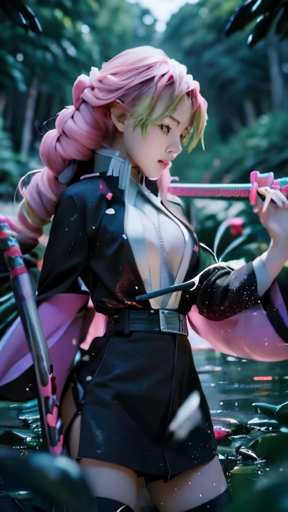 anime girl with pink hair and a sword in a field, demon slayer rui fanart, demon slayer artstyle, she is holding a katana sword, haruno sakura, katana zero video game character, best anime 4k konachan wallpaper, white haired deity, kimetsu no yaiba, sakura haruno in slug sage mode