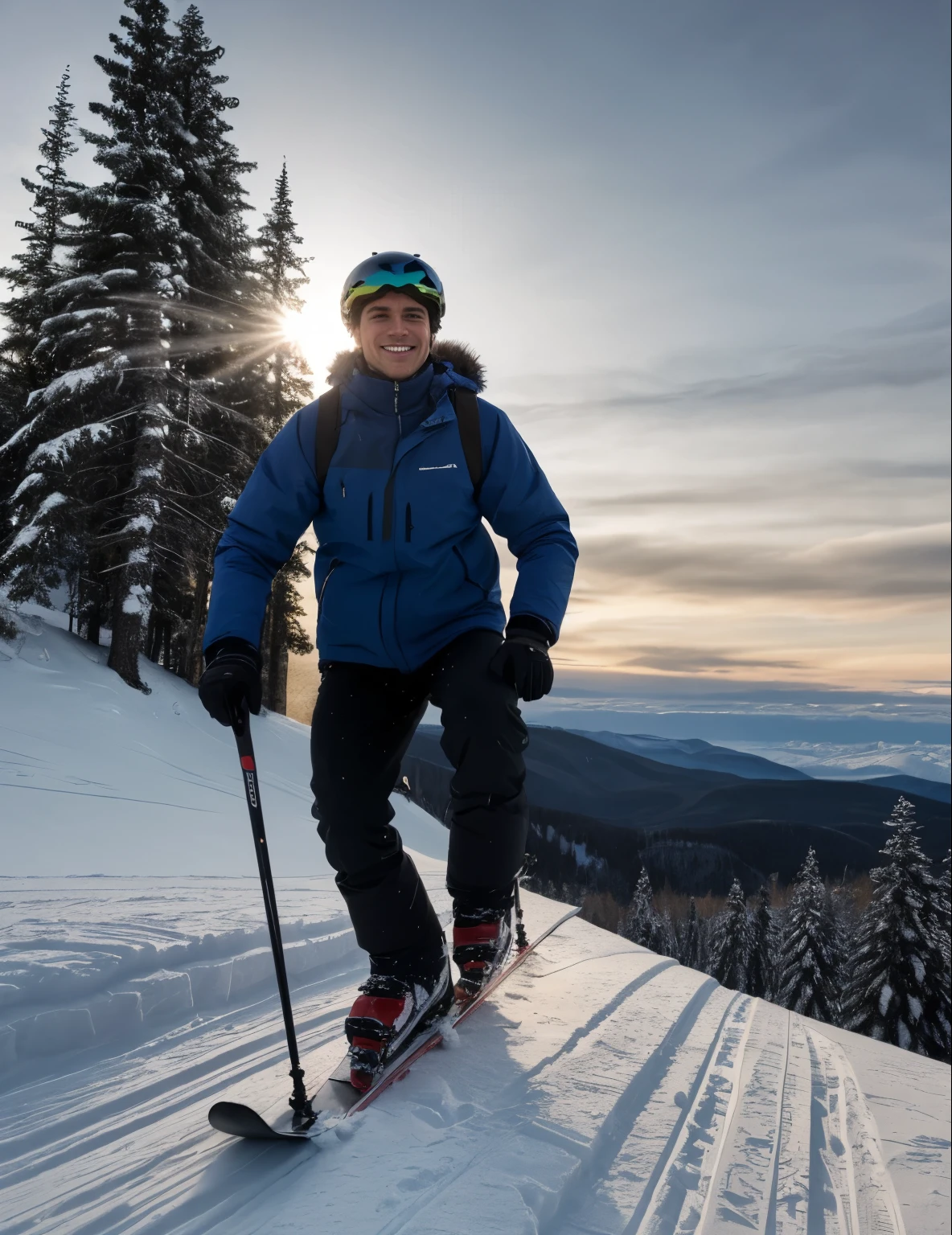 photo of a young man of riding position for a picture on a snowy mountain, he is riding down the slope, he has short haircut, he is smiling, snowy weather, cold winter evening, ski gear [consistent facial and body proportions, aesthetic design and intricate composition, refined body details, natural beauty, realism, authenticity, photorealistic, accurate colors and shades, true tone representation, authentic shadows, sharp focus, fine details, high resolution scene, subtle lighting and highlights, texture fidelity]