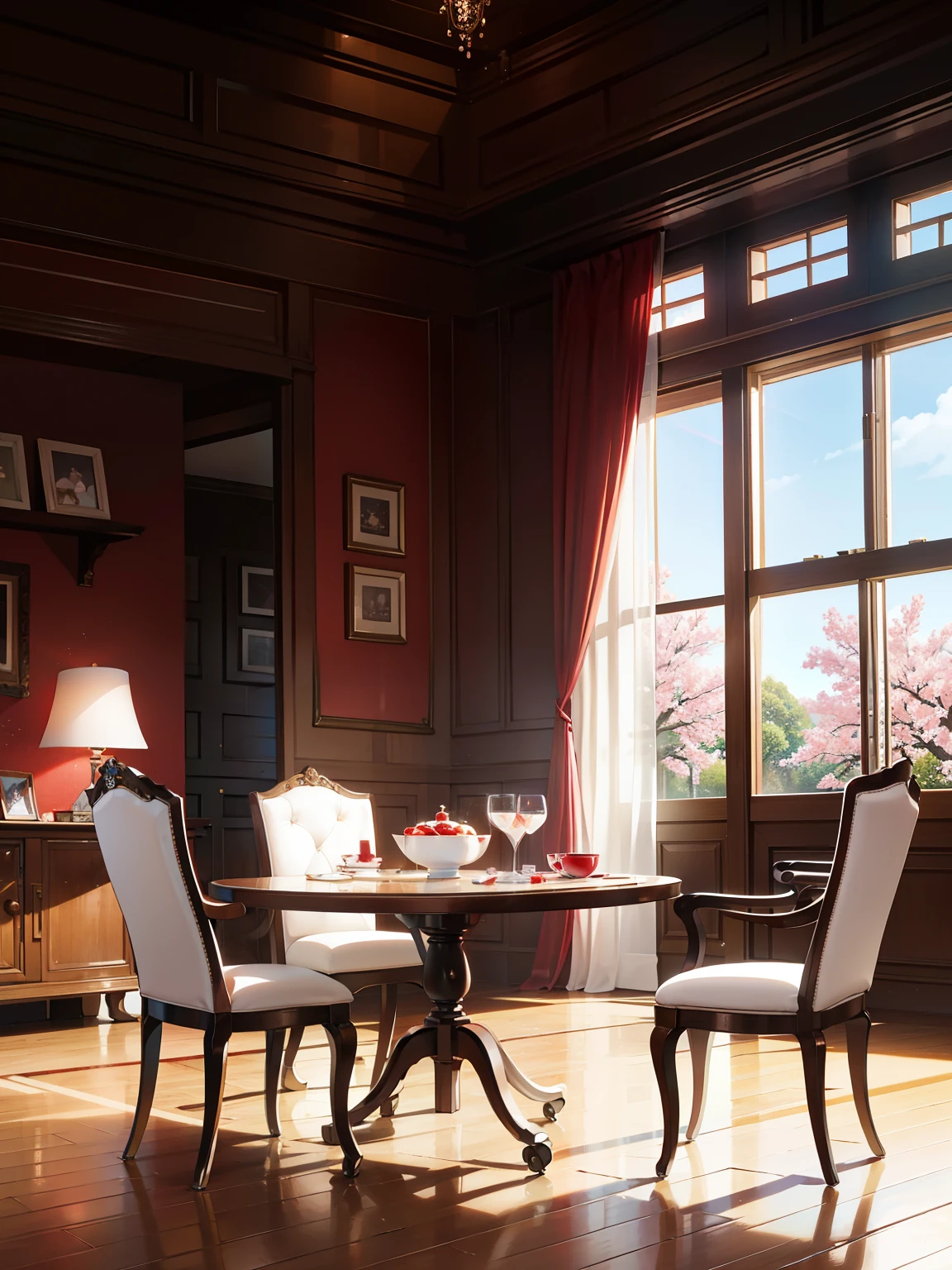 The table is set with three pristine milk tea cups, placed against a pristine white backdrop. A cherry tree, in full bloom, stands majestically next to it, surroundings filled with an abundance of succulent, ripe cherries. One cherry, in particular, is poised to drip its delightful juice into the nearest cup lying on the table. The sunlight streams in through a window, casting a red-hued, warm backlight that highlights the scene. This setup is the perfect stage for a captivating commercial photography shoot, striving for true realism and real-life rendering. With the precision of a virtual engine and the meticulous detailing of OC rendering,
