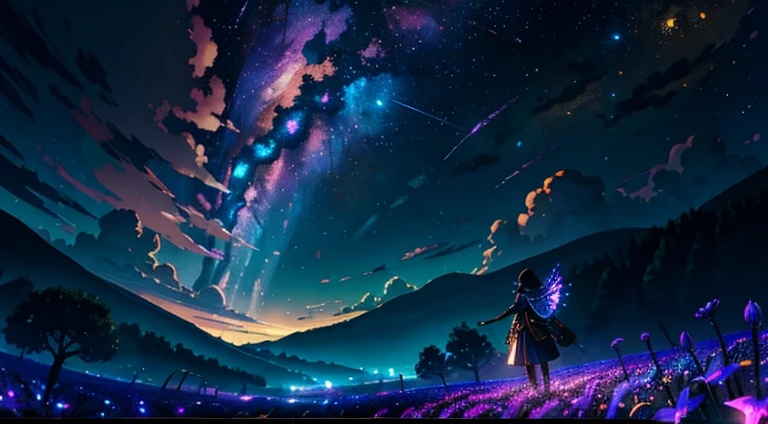 expansive landscape photograph , (a view from below that shows sky above and open field below), a girl standing on flower field looking up, (full moon:1.2), ( shooting stars:0.9), (nebula:1.3), distant mountain, tree BREAK
production art, (warm light source:1.2), (Firefly:1.2), lamp, lot of purple and orange, intricate details, volumetric lighting BREAK
(masterpiece:1.2), (best quality), 4k, ultra-detailed, (dynamic composition:1.4), highly detailed, colorful details,( iridescent colors:1.2), (glowing lighting, atmospheric lighting), dreamy, magical, (solo:1.2)