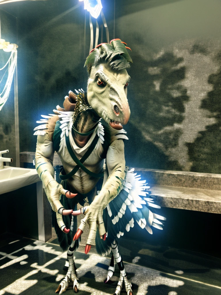 Ultra high resolution, best quality, masterpiece, mirror reflection, (half transformation), young male human feathered deinonychus mascot girl animatronic fursuit hybridization metamorphosis, in dark abandoned unlit bathroom, (part human:1.6) (part feral:1.3), (red:1.9) (green:1.5) (lemon:1.4) (striped:1.2) (spotted:1.1), ((liquid goo partial dripping encasement)), Five nights at Freddy’s style, you stare at your reflection in horror as you morph into a decrepit haunted cursed animatronic feathered deinonychus mascot girl, transgender metamorphosis male to female.