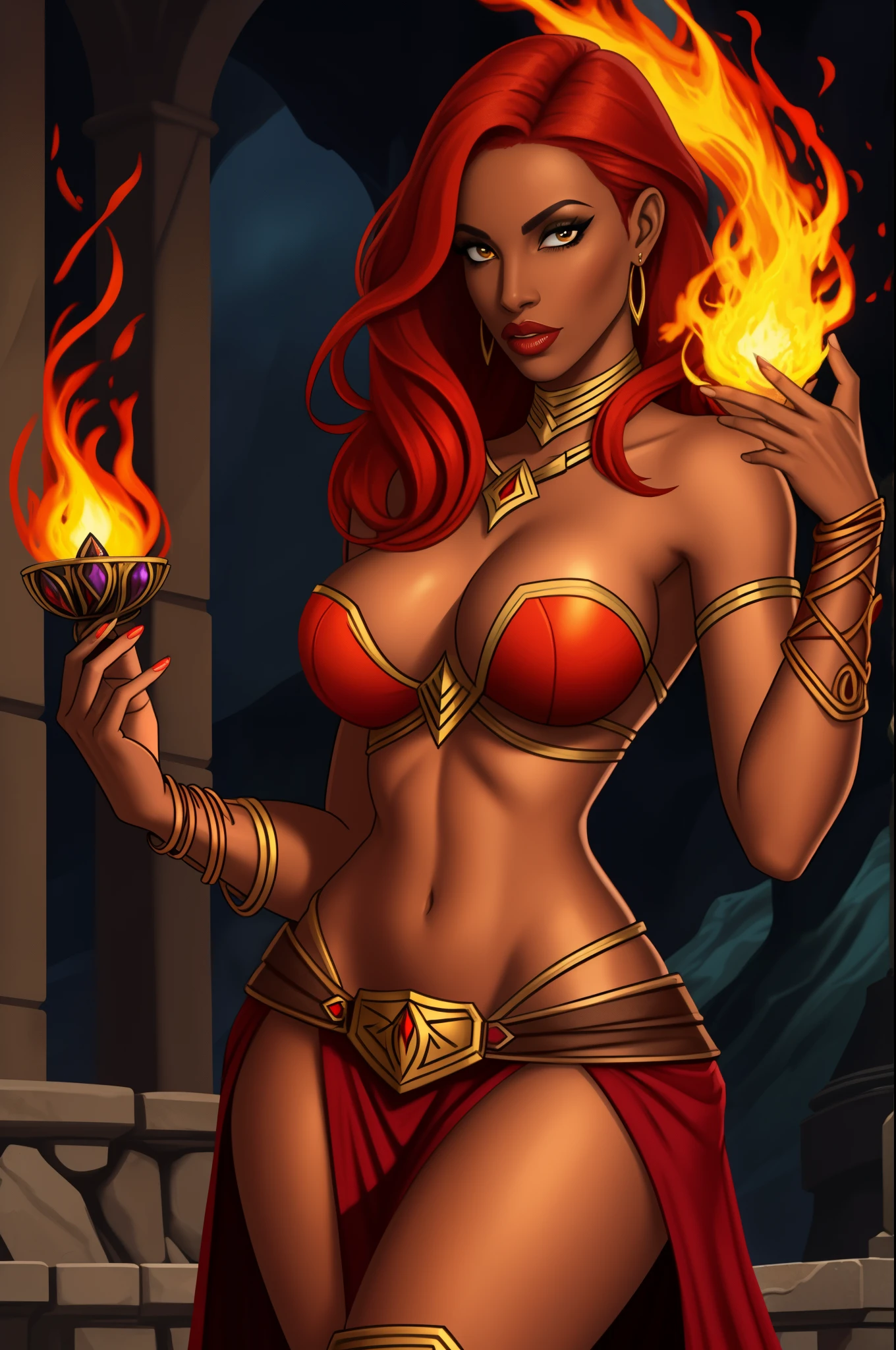 Fantasy Female sorceress, fiery red hair, latina, dark skin