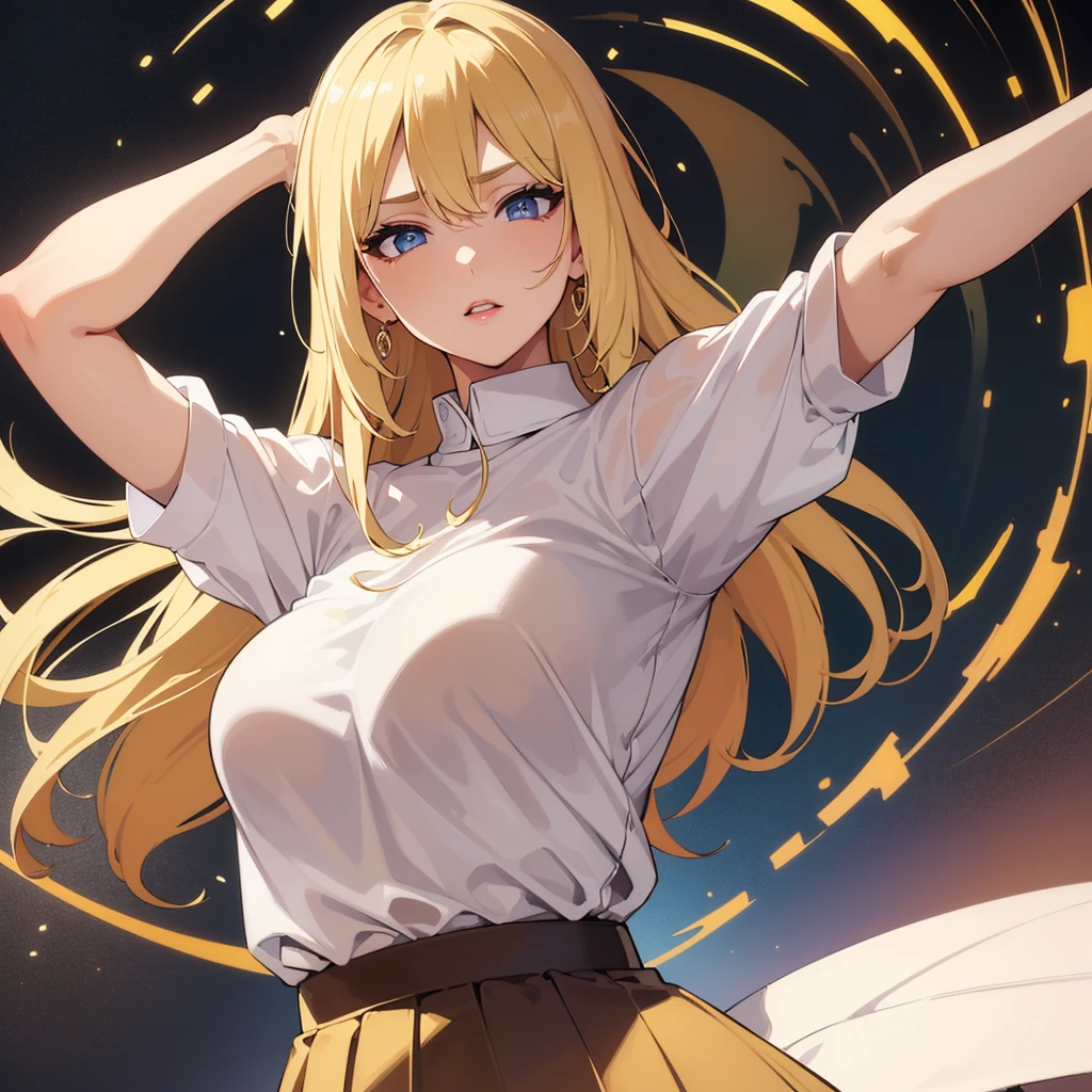 ((best quality)), ((masterpiece)), (detailed), perfect face, (Blond hair) (tight upper body shirt), lower body skirt, (eyes glowing), (toned lips), horny expression on face, waving. Big .
