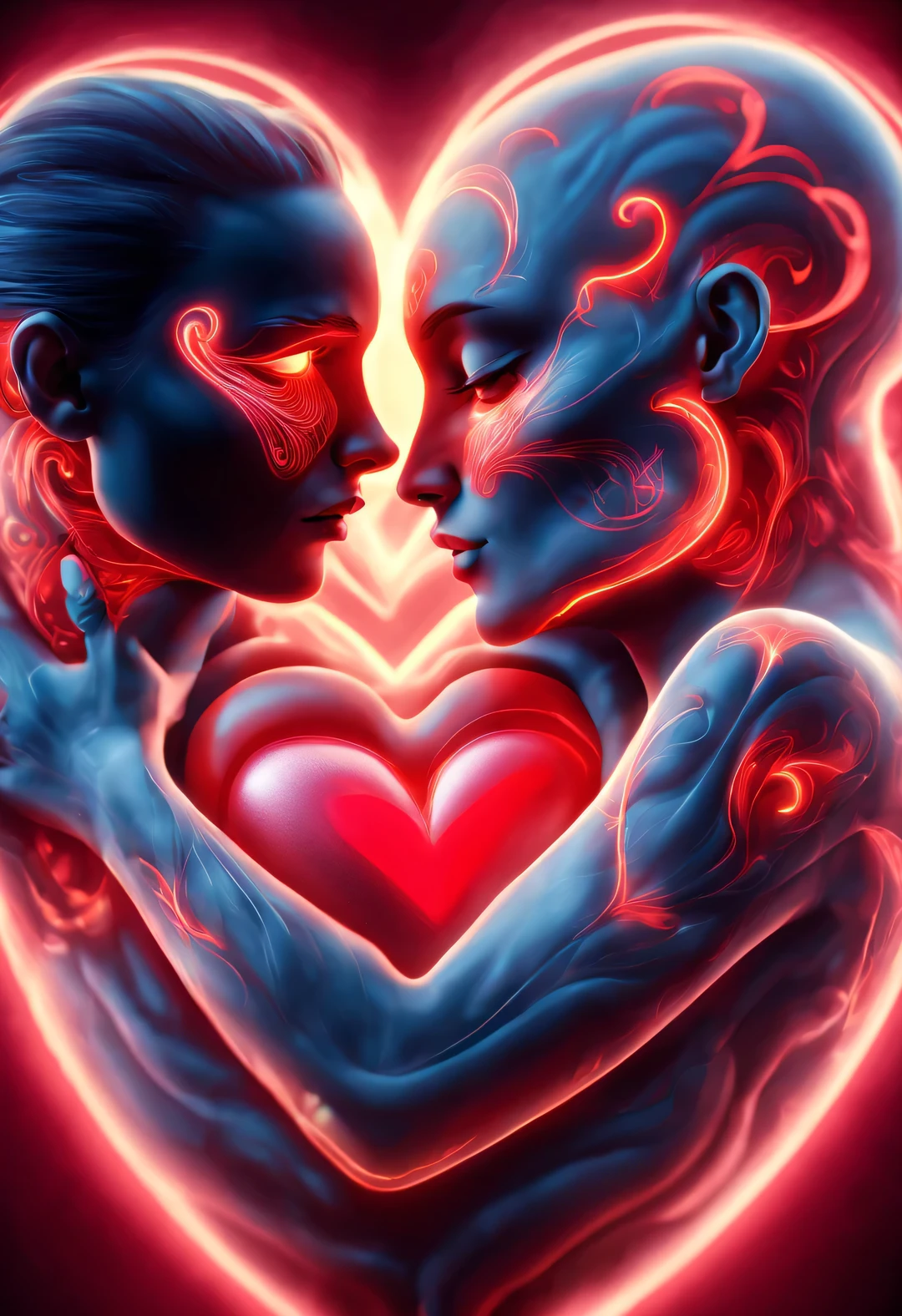 （Man giving woman huge glowing red heart），（An anatomical heart beats with red light in the center of the frame.：0.85），（Tom Hardy and Audrey Hepburn）（Hug face to face，share a huge heart），Black light art，sharp focus，Toned muscles，Background human upper body muscles， fantasy，Reality，cartoon，3d rendering，Super fine, Eighth Route Walker, Behavioral Contest Winners, vanity, trumpet, modern, 超Reality主义