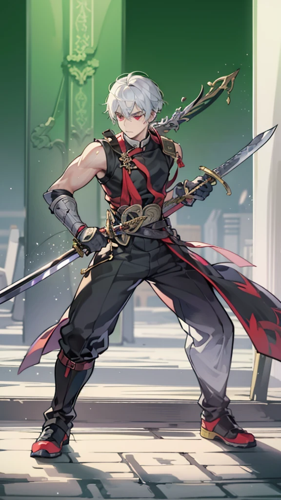 masterpiece, best quolyty, 8k, beautiful detailed grow, ((standing and training), (hold both hands front body togethera a long sword), break , full body soro silver short hair divine sword man boy, 15 yo, red eyes, serious face, sweaty skin, break , tops is Tank top, botoms is exercise pants, in the training ground.