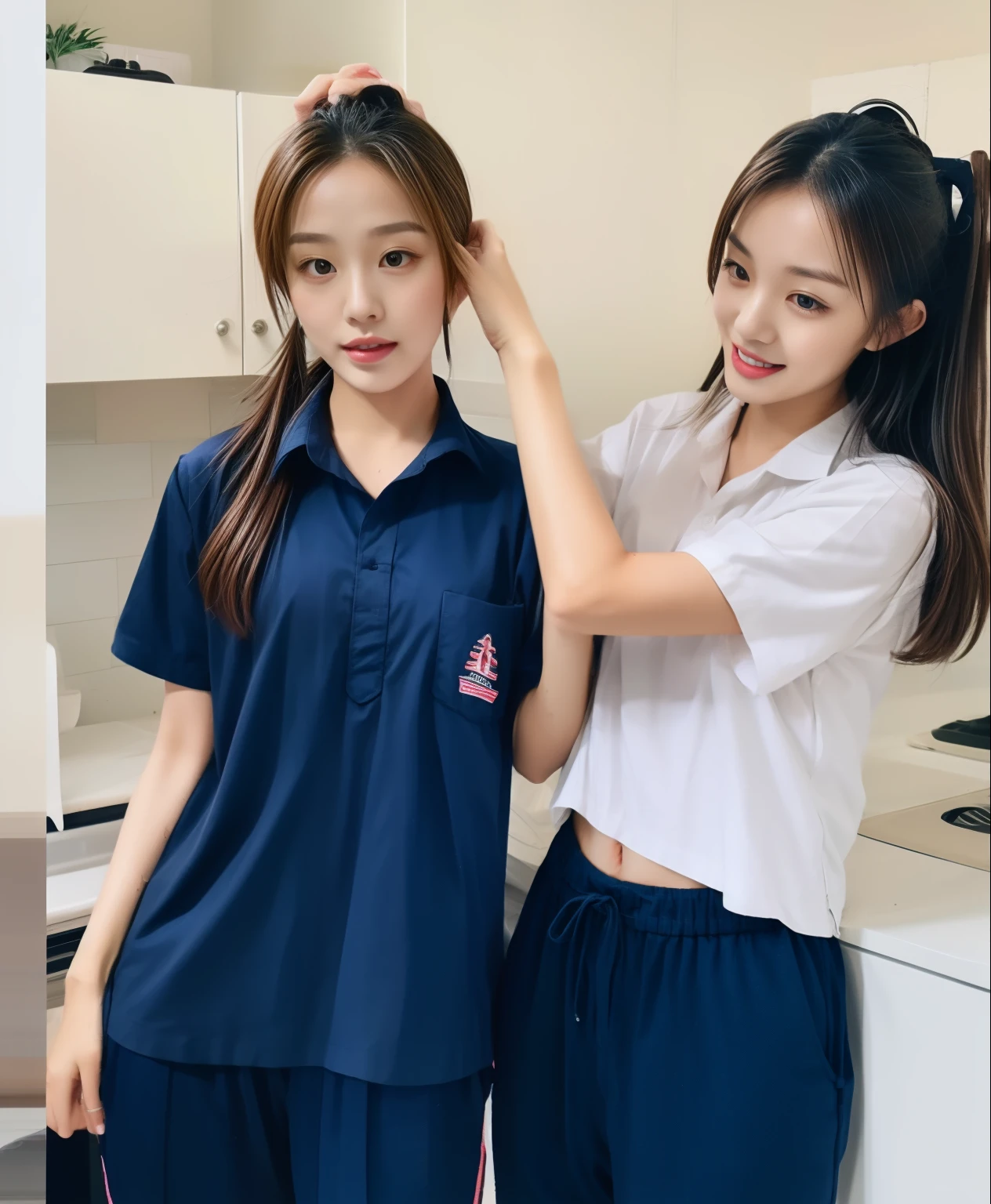 2 Girls in the Kitchen, Navy blue short-sleeved shirt,Navy Long Trackpant,Sweatpants, Sweatpantsขายาว,25 year old girl, lesbian, sexy, exercise clothes, wet body