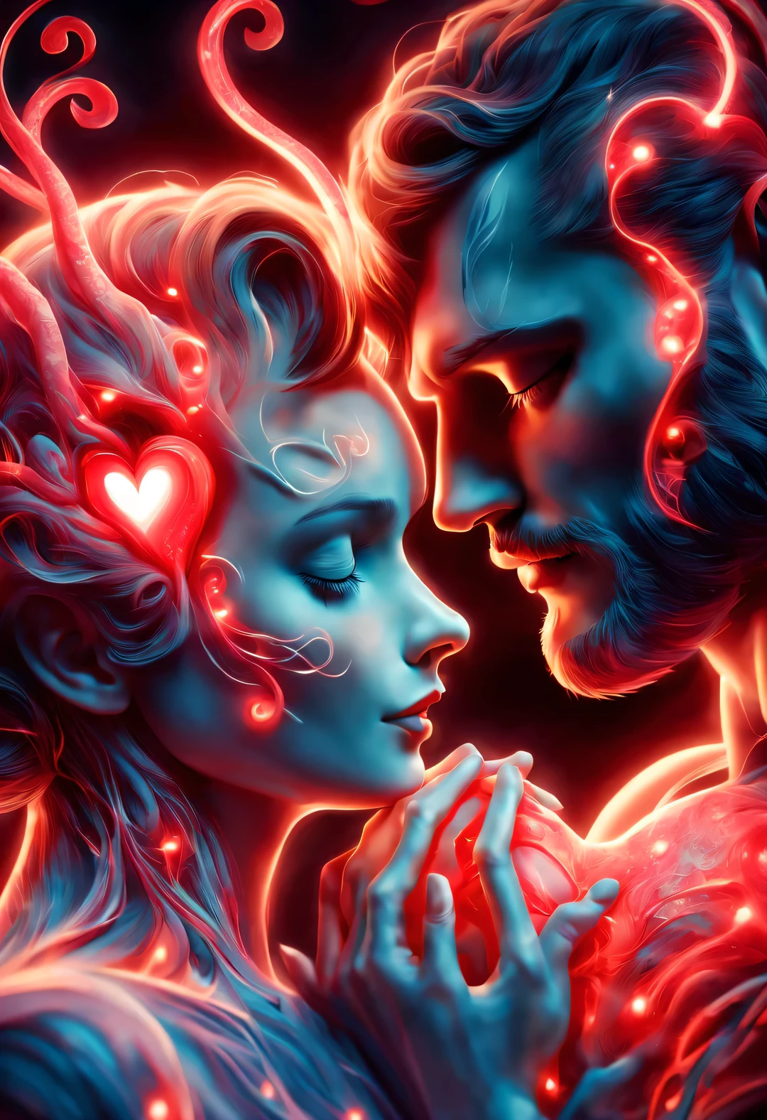 （Man giving woman huge glowing red heart），（An anatomical heart beats with red light in the center of the frame.：0.85），（Tom Hardy and Audrey Hepburn）（Hug face to face，share a huge heart），Black light art，sharp focus，Toned muscles，Background human upper body muscles， fantasy，Reality，cartoon，3d rendering，Super fine, Eighth Route Walker, Behavioral Contest Winners, vanity, trumpet, modern, 超Reality主义