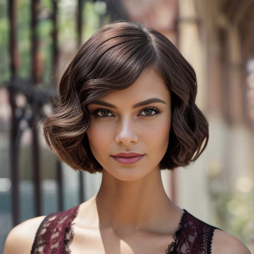 An image of a woman with a side-parted, wavy burgundy bob haircut and brown eyes. Her fair skin is complemented with natural makeup. She wears a black lace top with a floral design over a rust-colored garment. The setting is a soft-focus urban backdrop, suggesting depth and atmosphere behind her. (((masterpiece)))