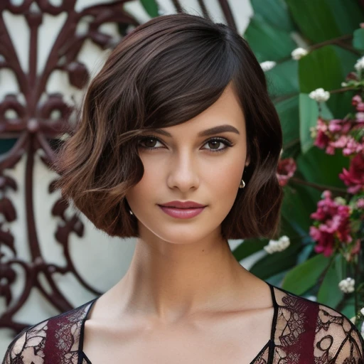 An image of a woman with a side-parted, wavy burgundy bob haircut and brown eyes. Her fair skin is complemented with natural makeup. She wears a black lace top with a floral design over a rust-colored garment. The setting is a soft-focus urban backdrop, suggesting depth and atmosphere behind her. (((masterpiece)))