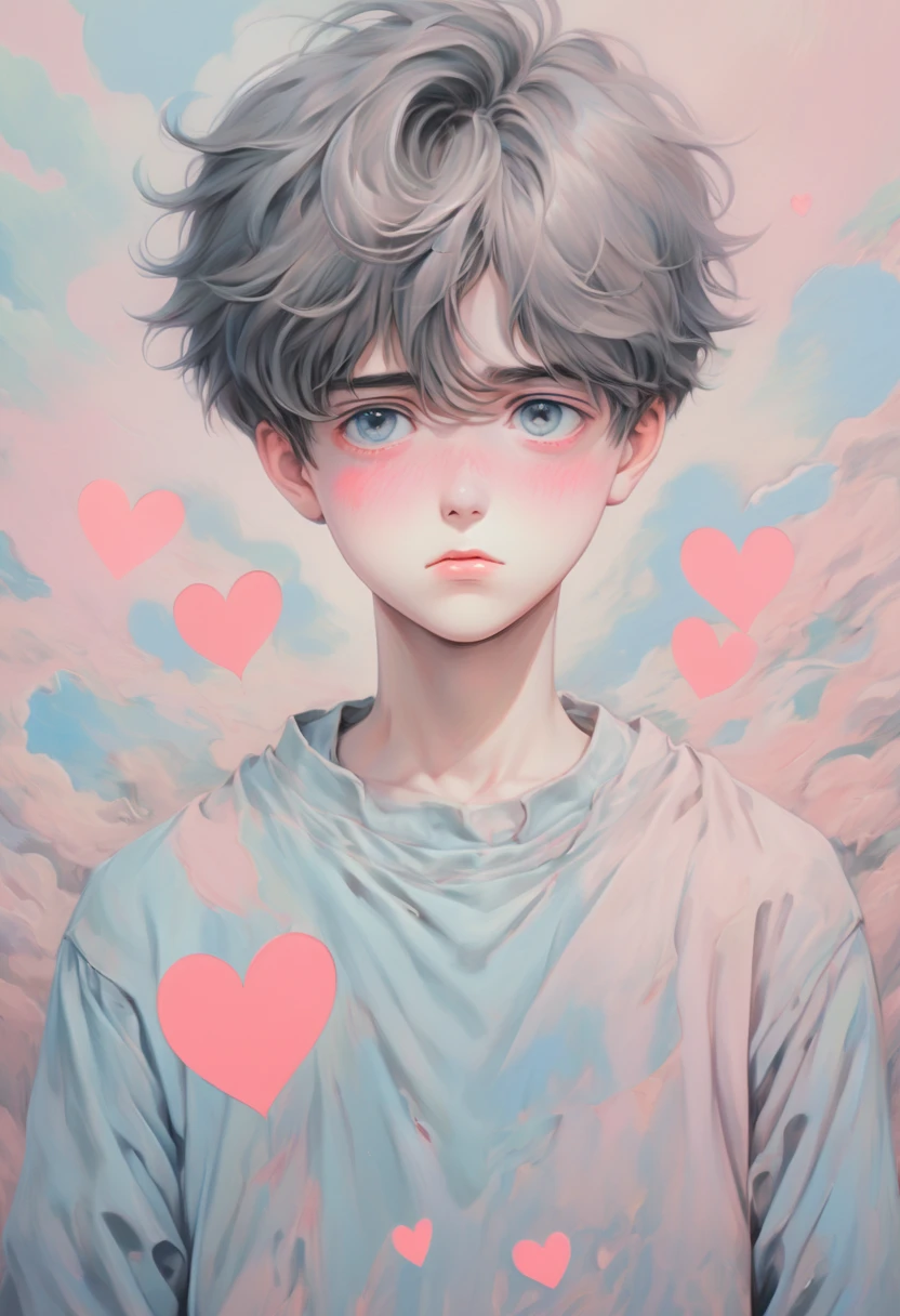 anime art of a sad boy, heart mark, pastel colors, dreamlike art, enhance, intricate, (best quality, masterpiece, Representative work, official art, Professional, 8k)