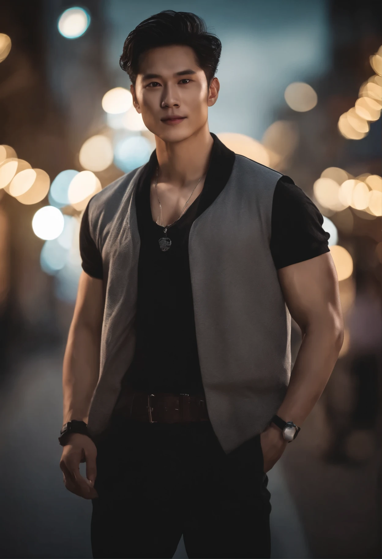 Chinese man, smile, 8K, Masterpiece, RAW photography, Best quality, Photorealistic, Highly detailed CG unity 8K wallpaper, Depth of field, Cinematic light, Lens flare, Ray tracing, (Extremely beautiful and attractive face, Beautiful lips, Beautiful eyes), intricate detailed face, (ultra detailed skin), 1 man, In nature, In deep shadows, Beautiful European male, Kpop idol, 1 male, (Very strong and muscular body:1.3), (looki at viewer), (Great firm look) :1.3), (Sleeveless), (Fashion night, Dark night, Neon signs, Blurred background), Fashion Street Night, (people in the back:1.3), Beautiful earrings, bangle, necklace, Pantyhose, Clear eyes, Walking, (Pale skin), (Big eyes), Face forward, (upperbody shots), (baggy clothes:1.3), (Brown hair), (Bosh costumes, (Transparent), (looki at viewer:1.3) Very strong ,, Turn around, (Back shot), Transparent, Medium sized buttocks.Wear a mask,Wear a mask,Wear a mask,Wear a mask,Wear a mask,Wear a mask,Wear a mask,Wear a mask,Wear a mask,Wear a mask,