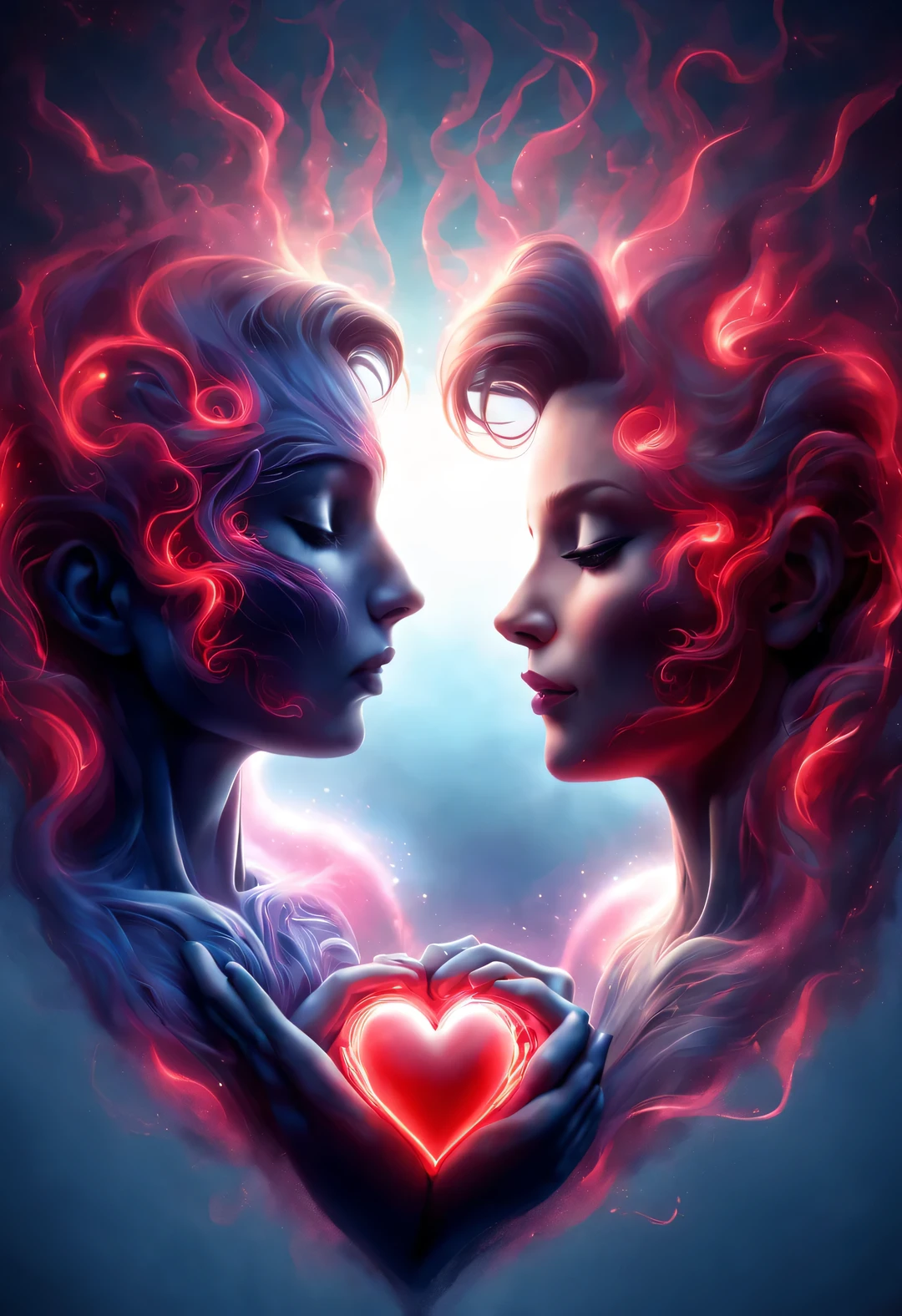 （Man giving woman huge glowing red heart），（An anatomical heart beats with red light in the center of the frame.：0.85），（Tom Hardy and Audrey Hepburn）（Hug face to face，share a huge heart），Black light art，sharp focus，Toned muscles，Background human upper body muscles， fantasy，Reality，cartoon，3d rendering，Super fine, Eighth Route Walker, Behavioral Contest Winners, vanity, trumpet, modern, 超Reality主义