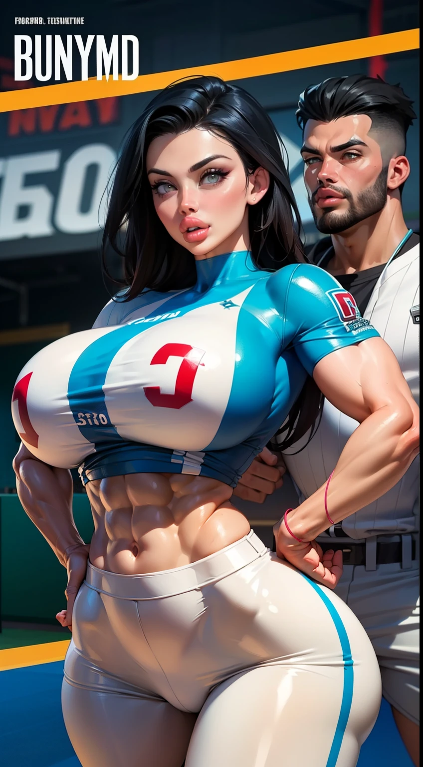 The cover art for the 80s buddy film featuring two baseball players , 1girl, 1boy, uniform too small for breasts, detailed eyes, ((slendered abs )),((huge breasts)), (full bodied), wide hips, (fake lips:1.5), muscular (whiteskin:1.1) showcases the dynamic duo in action, set against the backdrop of a vibrant baseball stadium. muscular man, With bold and electrifying colors, the male and female players are depicted mid-swing, their expressions filled with determination and excitement. The retro typography and energetic composition capture the spirit of friendship, sportsmanship, and the thrill of America's favorite pastime, promising an unforgettable cinematic experience.