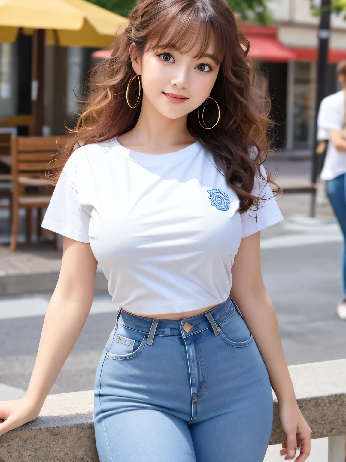 K, highest quality, real image, intricate details, Super detailed, ultra high resolution, depth field,(realistic,realistic:1.2),table top , frontal shot , From the middle , 1 girl, eye_Chan, very beautiful 17 year old girl, innocent big eyes, beautiful breasts:1.5、非常に詳細なeye:1.2), (beautiful breasts:1.1), wavy hair、curly hair、bangs, perfect skin, Fair skin, anxious look、huge hips, thick thighs, tight waist, light blush, alone, looking at the viewer, light smile, (White Round Neck T-Shirt, blue jeans), Walking around town
