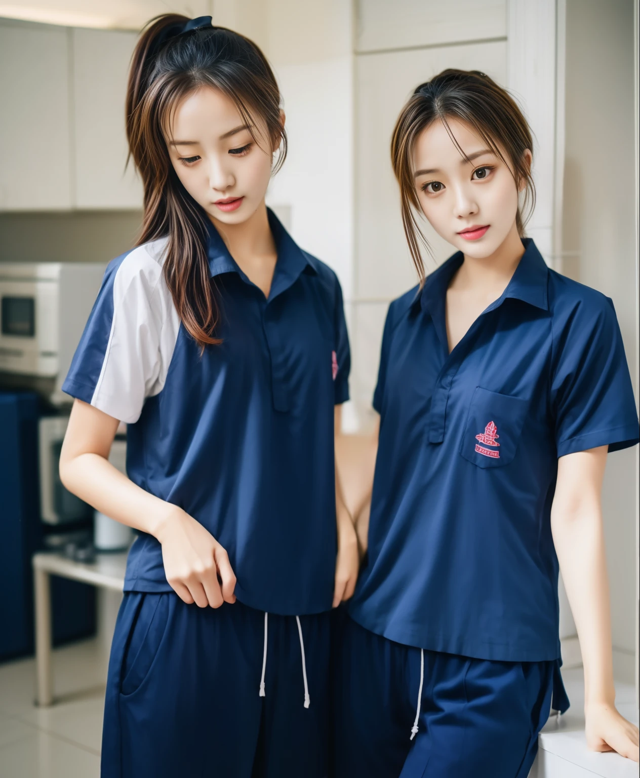 2 Girls in the Kitchen, Navy blue short-sleeved shirt,Navy Long Trackpant,Sweatpants, Sweatpantsขายาว,25 year old girl, lesbian, sexy, exercise clothes, wet body