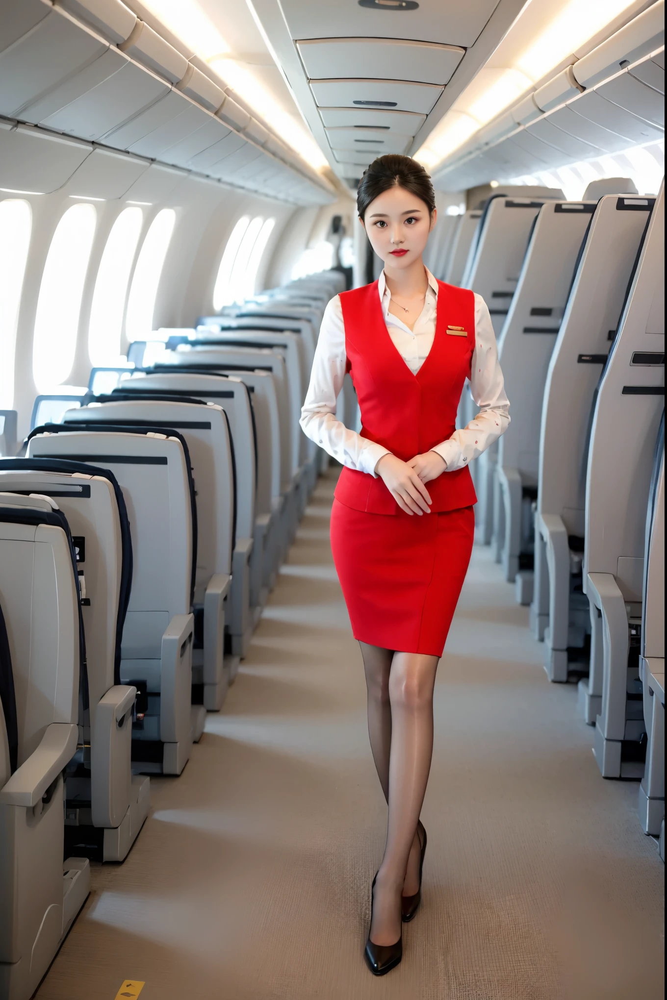 best quality, full body portrait, delicate face, pretty face, 16-year-old woman, slim figure, big bust, Airline stewardess，Stiletto high heels，wavy long hair，On the plane，big eyes，red lips，Heavy makeup，Ultra-thin flesh color，