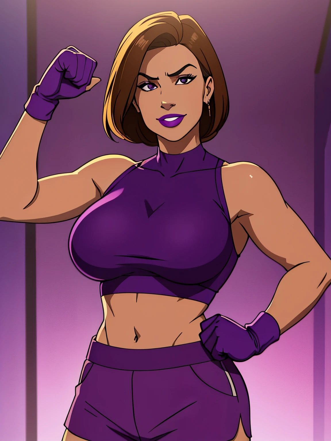 masterpiece, Best quality, 8K, arrogant 40 year old woman, arrogant smile, big breasts, Bright lipstick, wearing a long neck purple crop top, in purple shorts, in boxing gloves,