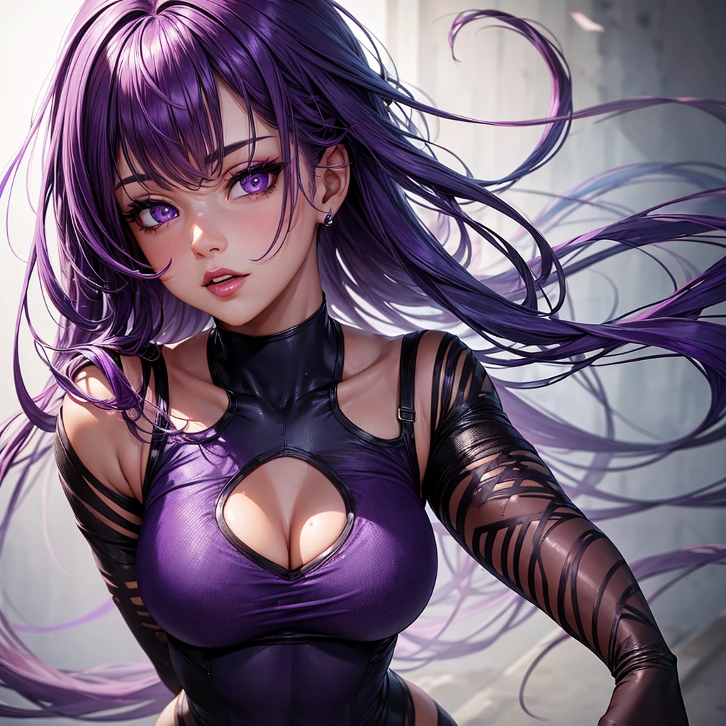 ((best quality)), ((masterpiece)), (detailed), perfect face, (purple hair) (tight clothes), (eyes glowing), (toned lips), horny expression on face, ,