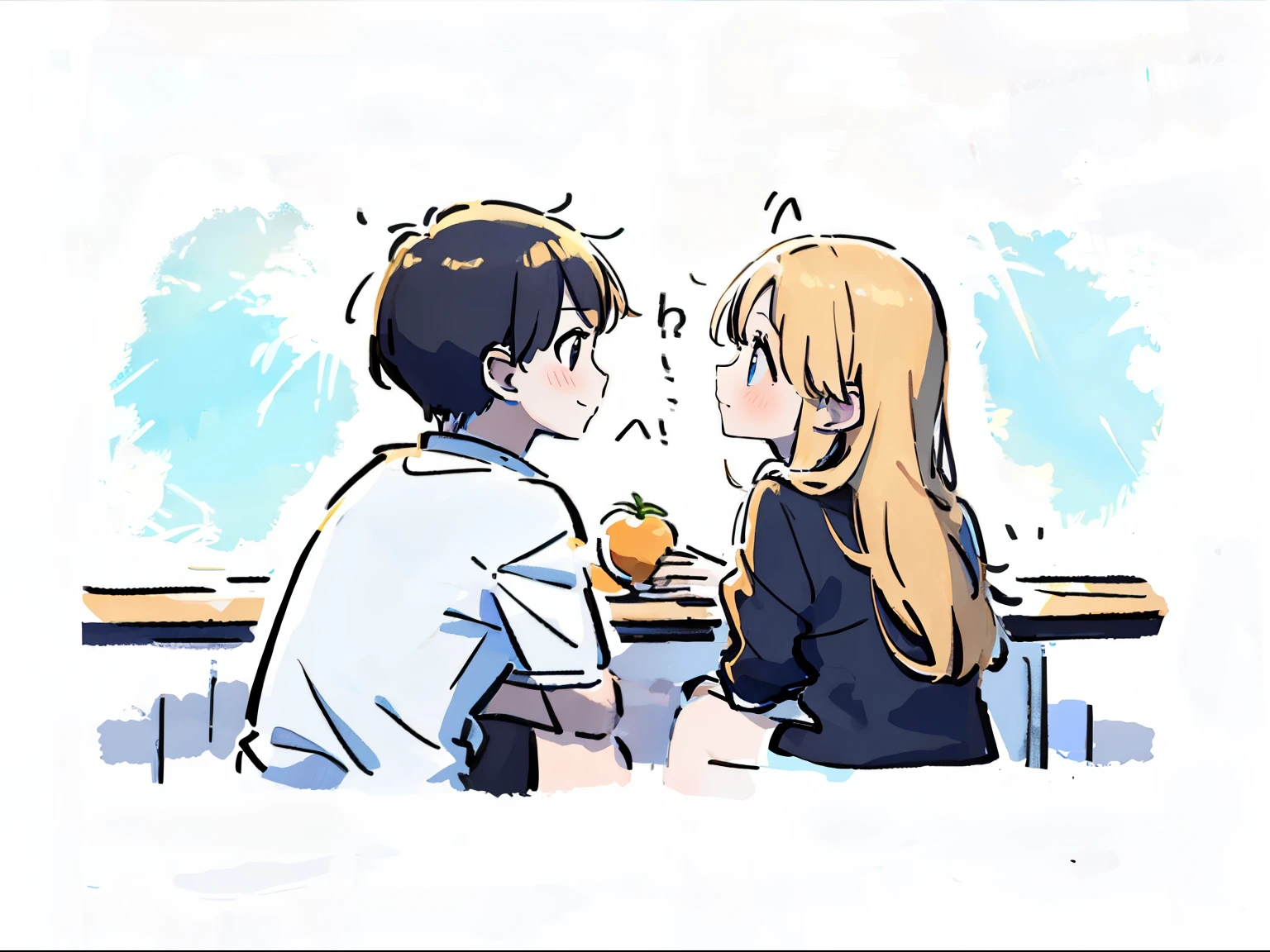 (Masterpiece, best quality: 1.3), 1 boy and 1 girl, sitting on table in front of each other, having oranges