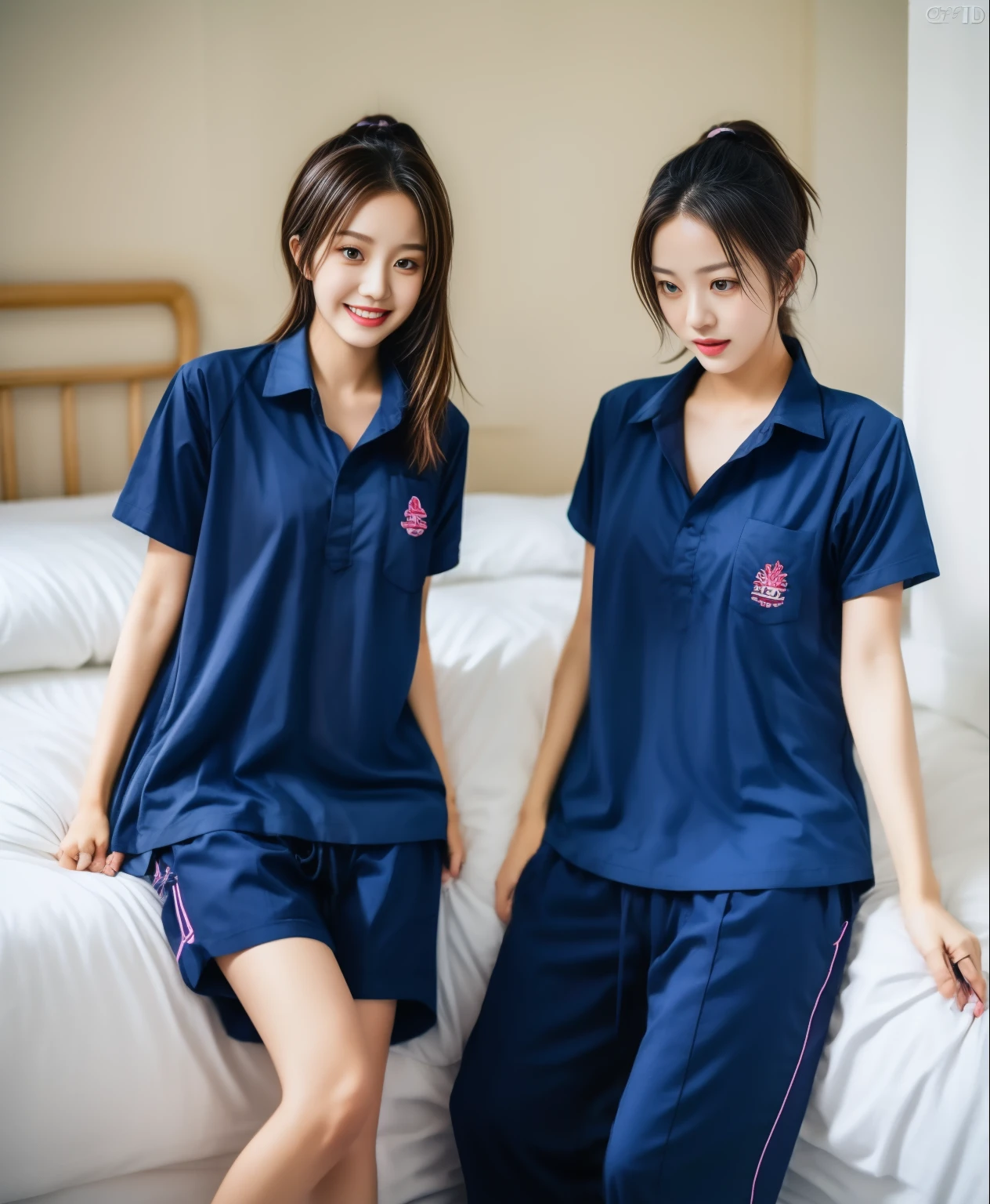 2 girls in the bedroom, Navy blue short-sleeved shirt,Navy Long Trackpant,Sweatpants, Sweatpantsขายาว,25 year old girl, lesbian, sexy, exercise clothes, wet body