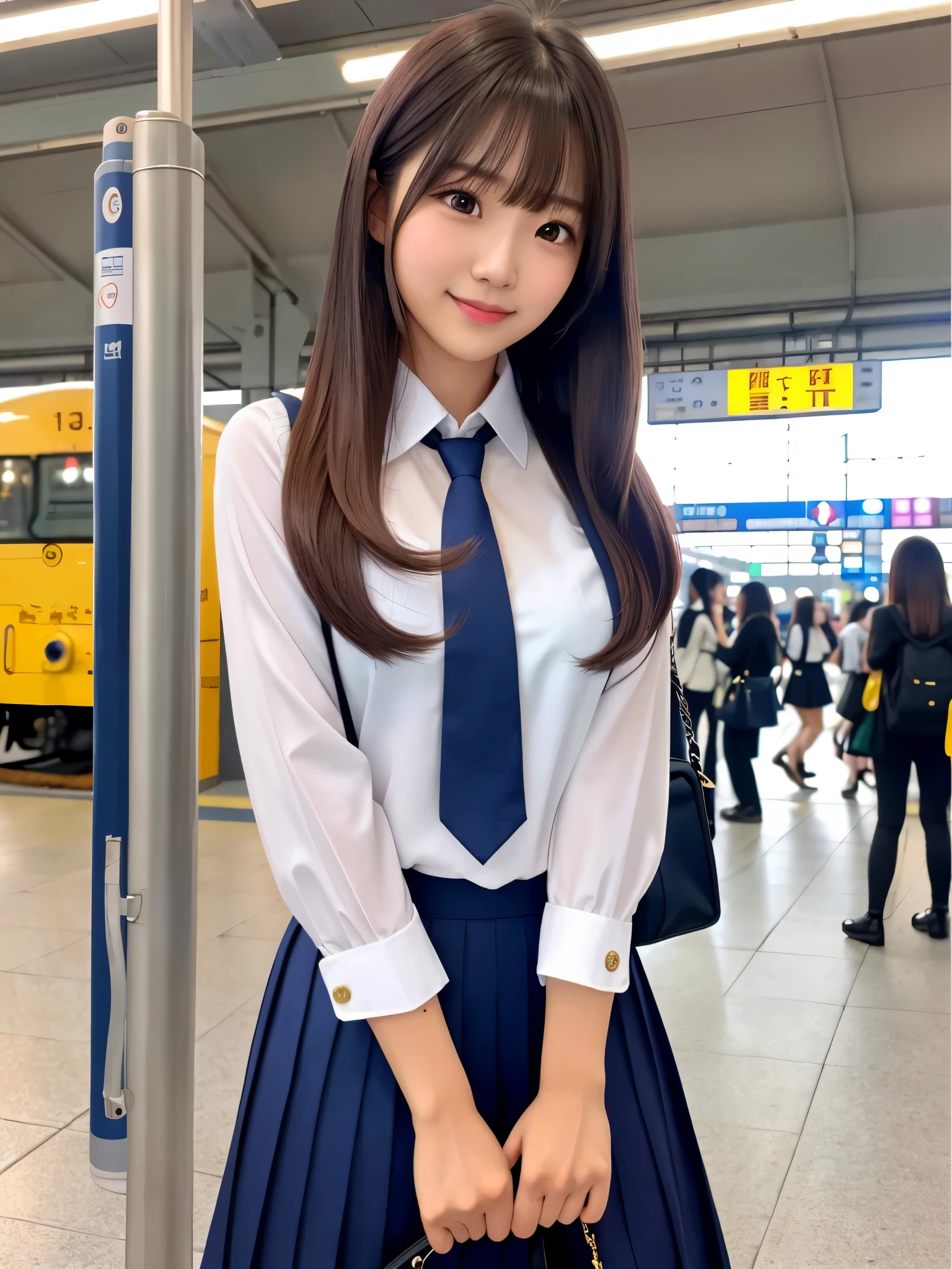 product quality, 1girl, upper body shot, front view, a Japanese young pretty girl, long bob hair, waiting for a train alone with a big smile at a crowded platform in a big station in the evening, glamorous figure, wearing a dark blue blazer over a white collared silky satin shirt, shiny satin dark blue plain long tie, dark blue pleated long skirt, school bag over her shoulder, hyper cute face, glossy lips, double eyelids in both eyes, natural makeup, long eyelashes, shiny smooth light brown long bob hair, asymmetrical bangs, a tanned skin, central image, high resolution, high detail, detailed hairstyle, detailed face, spectacular cinematic lighting, octane rendering, vibrant, hyper realistic, perfect limbs, perfect anatomy