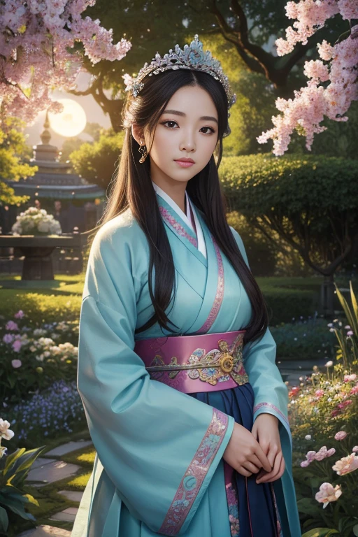 (best quality, high_resolution, distinct_image, realistic:1.37), ultra-detailed, beautiful girl in a garden with a mesmerizing hanbok (traditional Korean dress), surrounded by vibrant flowers. The girl's eyes shine with intricate details, evoking a sense of wonder and serenity. The garden is filled with lush greenery and colorful blooms, creating a picturesque setting. The moon illuminates the scene, casting a soft and ethereal glow. The composition is enhanced by a dynamic dutch angle, showcasing the girl and her surroundings from a captivating perspective. The wide shot captures the entirety of the garden, emphasizing its grandeur and beauty. The girl wears a crown, adding a touch of regality to her captivating presence. This artwork is a masterpiece of digital illustration, with vivid colors and sharp focus capturing every intricate detail of the scene. The overall color palette is warm and enchanting, showcasing the harmony between nature and the human element. The lighting is carefully crafted, accentuating the girl's features and casting soft shadows, creating depth and dimension in the artwork.