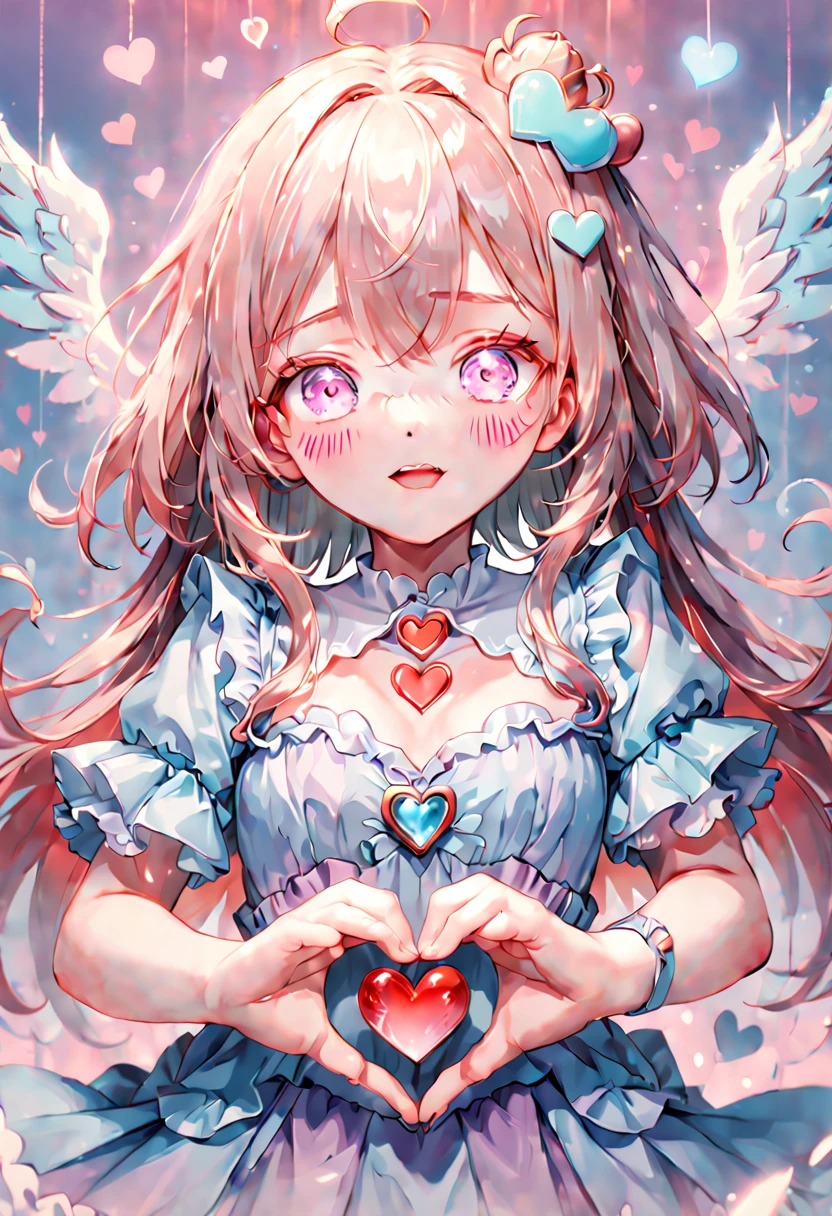 a charm girl, heart with hands, heart mark, one eye wink, pastel colors, dreamlike art, dreamy, enhance, intricate, (best quality, masterpiece, Representative work, official art, Professional, 8k)