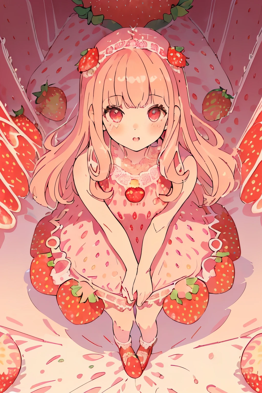 girl,cute,(blonde:1.2),(long hair with curls:1.2),(With bangs),(strawberry colored eyes:1.2),(Eye size:1.5),(Strawberry motif dress:1.3),(dress with lots of lace:1.35),(strawberry ornament:1.6),(🍓🍓🍓🍓:1.5),(Sparkling lights:1.35),(model pose:1.3),(strawberry colored loafers:1.4),(strawberry colored hair ornament:1.3),(whole body:1.45),(perspective from above:1.5)