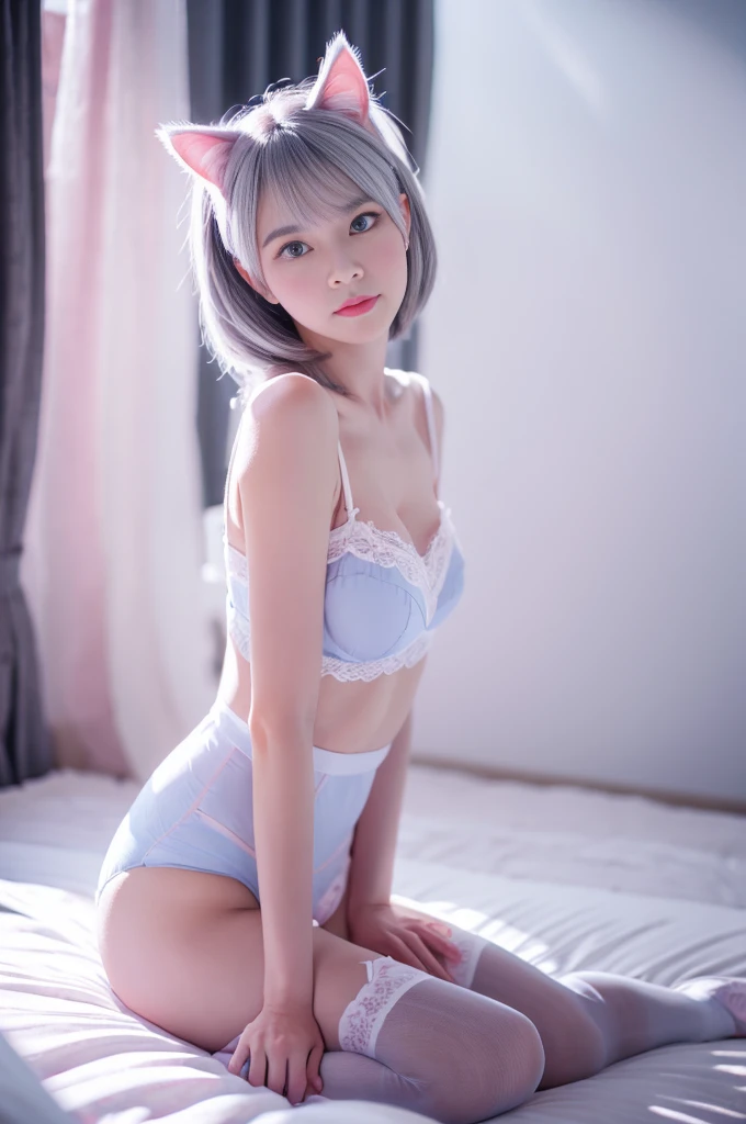 gray hair，Cat ear，pink eyes，Light blue Lolita，white tights，pink bow，in the room，kneeling on the bed