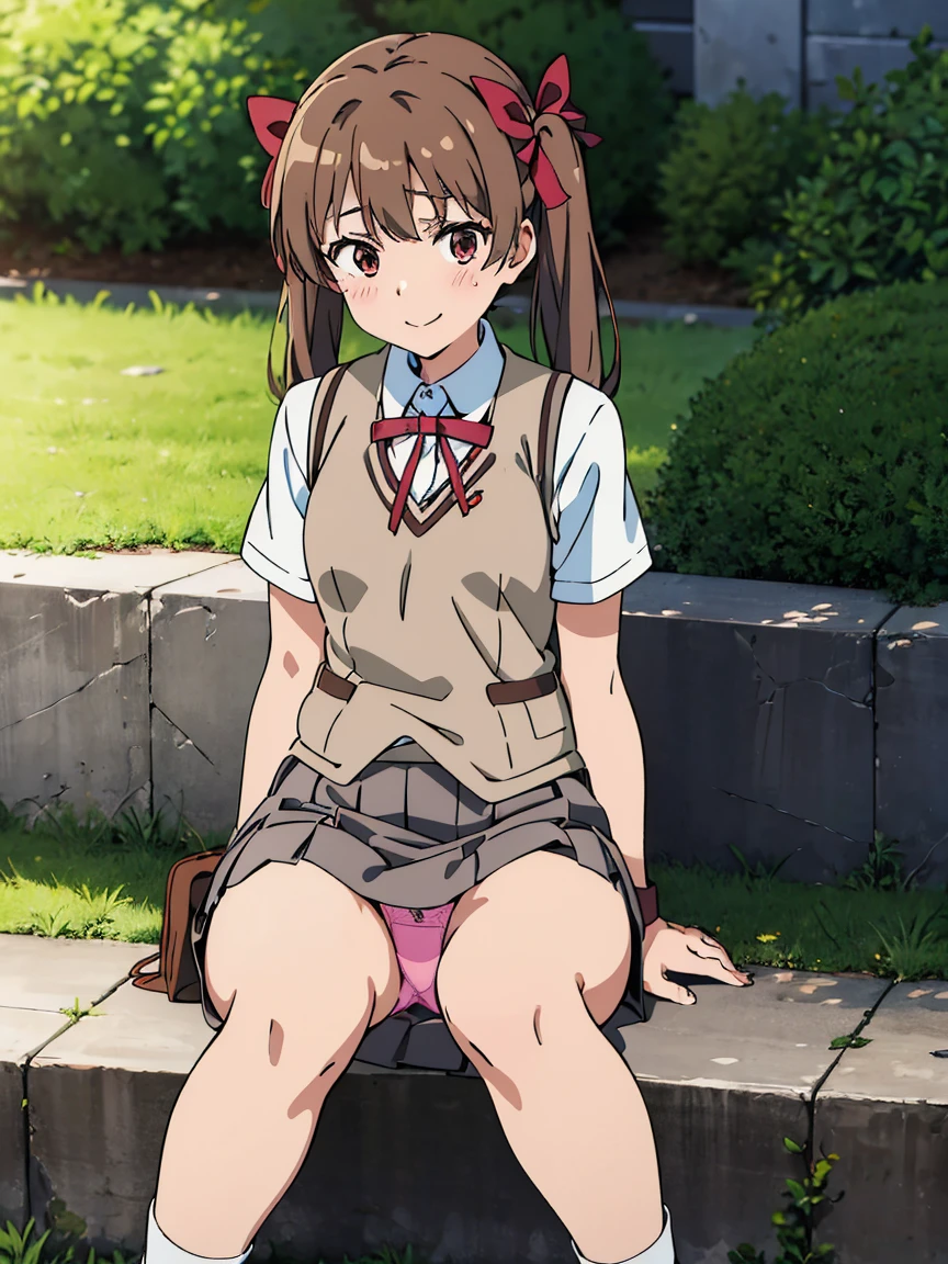 ((highest quality, 8K, A Certain Science Super Electromagnetic Cannon: 1.3, RAW photo)), sharp focus 1.5,woman,brown hair twintails,-yeld hischool student,Slender((pink panties)),(((brown vest and gray miniskirt)))((Kuroko Shirai))(((red ribbon))),(((Sit on the steps of the station)))(((loose socks)))Amazing shy smile、Green armband