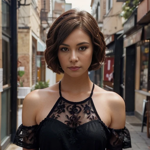An image of a woman with a side-parted, wavy burgundy bob haircut and brown eyes. Her fair skin is complemented with natural makeup. She wears a black lace top with a floral design over a rust-colored garment. The setting is a soft-focus urban backdrop, suggesting depth and atmosphere behind her. (((masterpiece)))