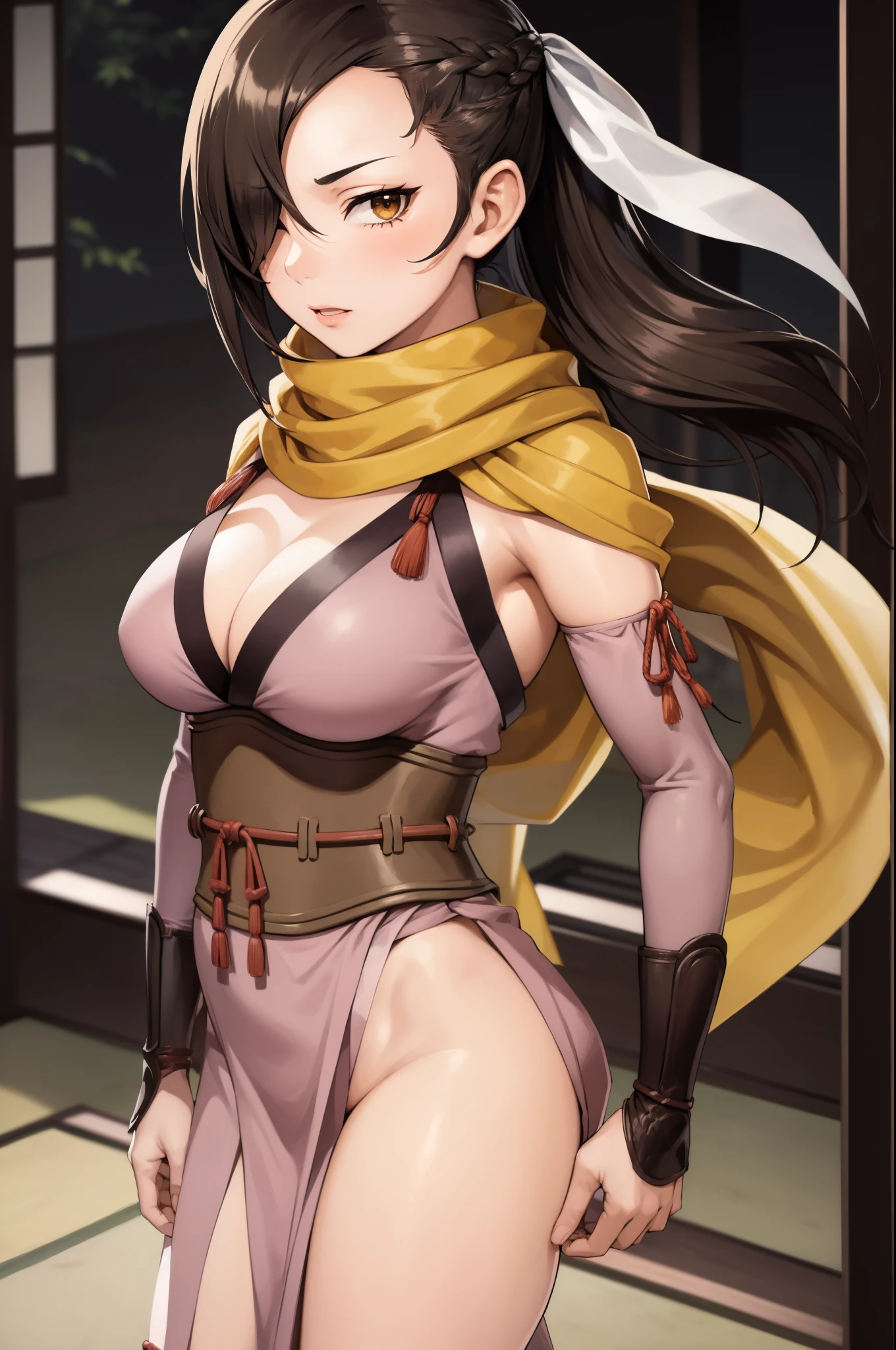 masterpiece, best quality, kagero, hair over one eye, hair ribbon, yellow scarf, japanese clothes, cleavage, sash, sandals, upper body, cowboy shot