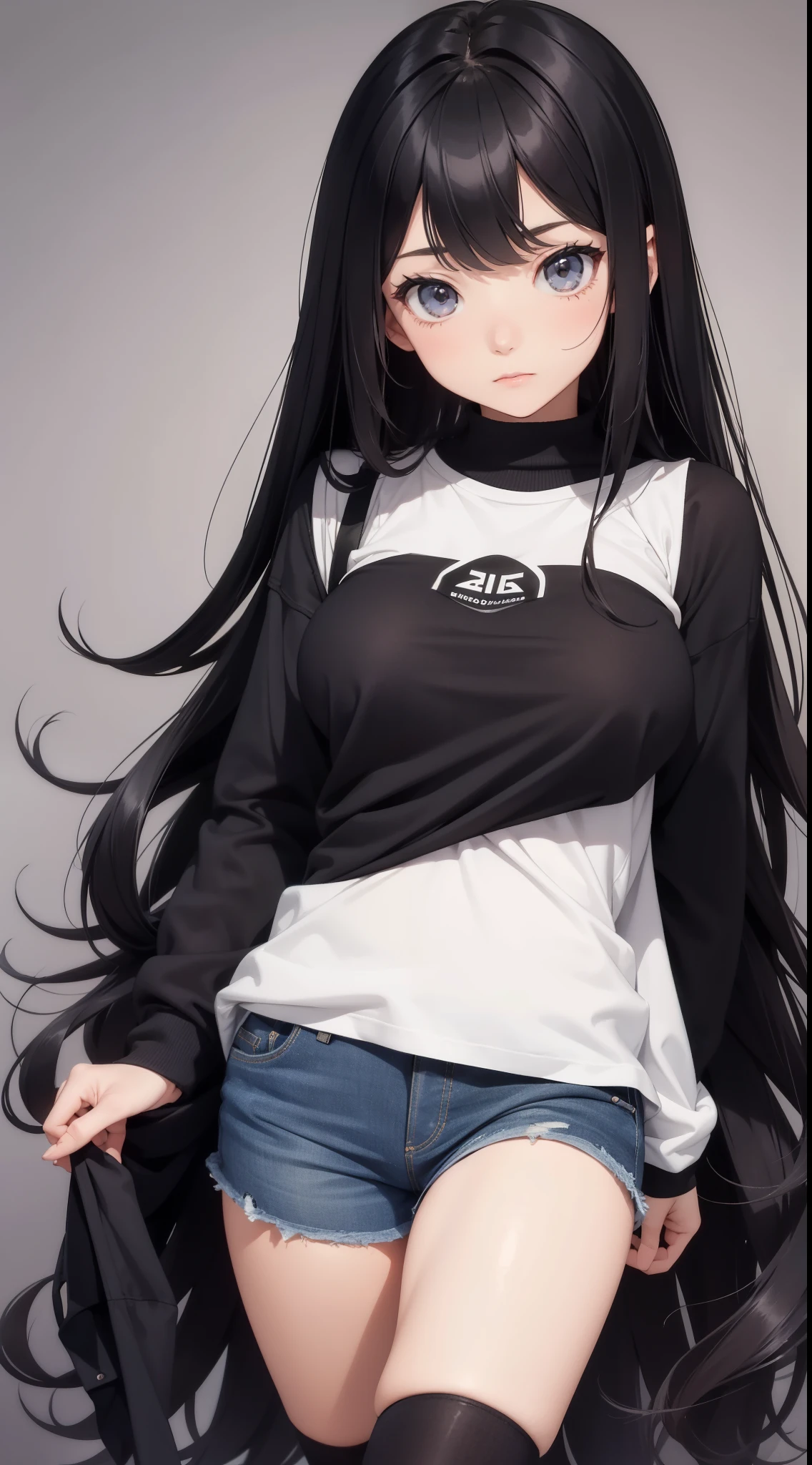 14_Year_old_girl, only_breast, short_jeans_and_Black_tights, Very_long_hair, wavy_hair