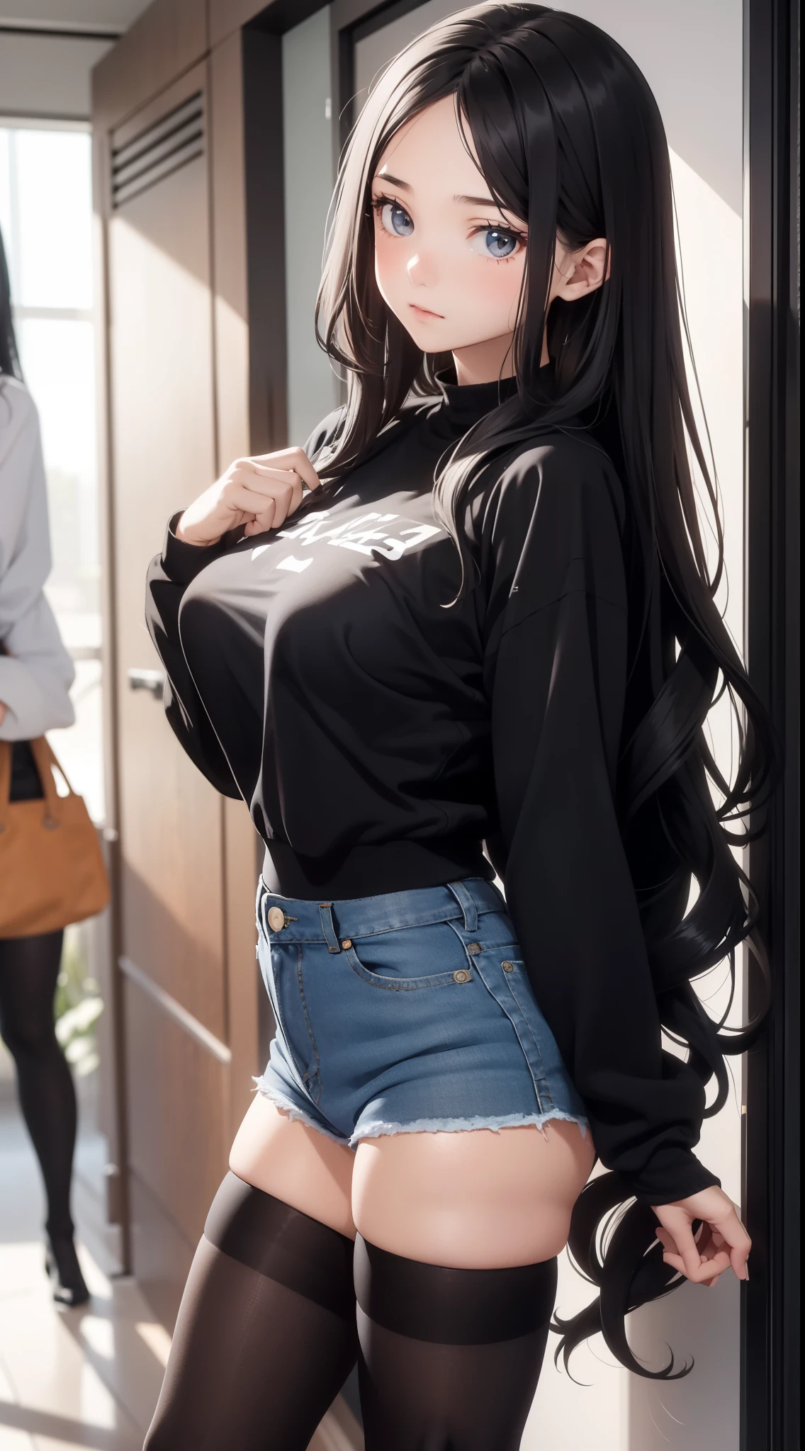 14_Year_old_girl, only_breast, short_jeans_and_Black_tights, Very_long_hair, wavy_hair
