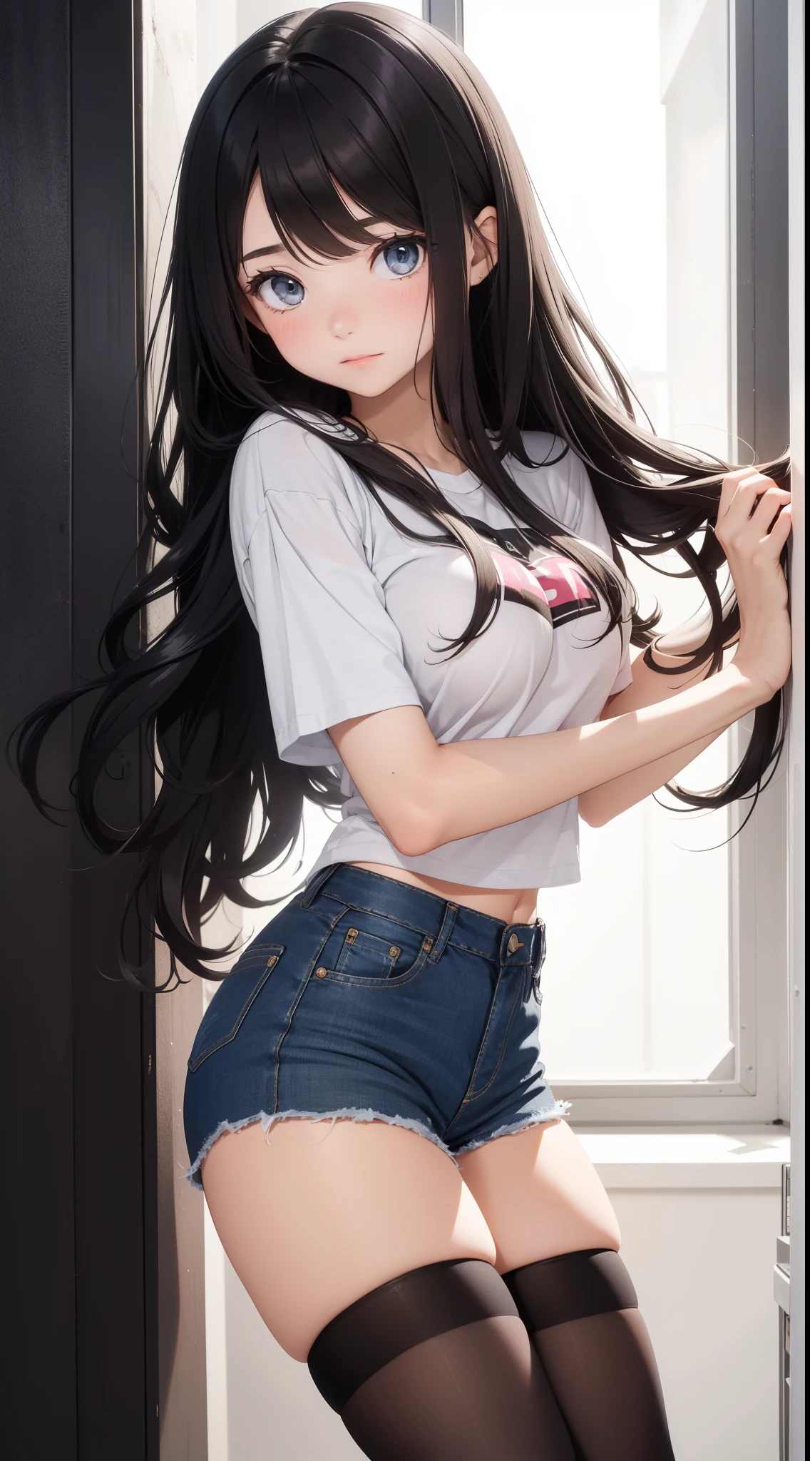 _Yeld_gi only_breast, short_jeans_and_Black_tights, Very_long_hair, wavy_hair