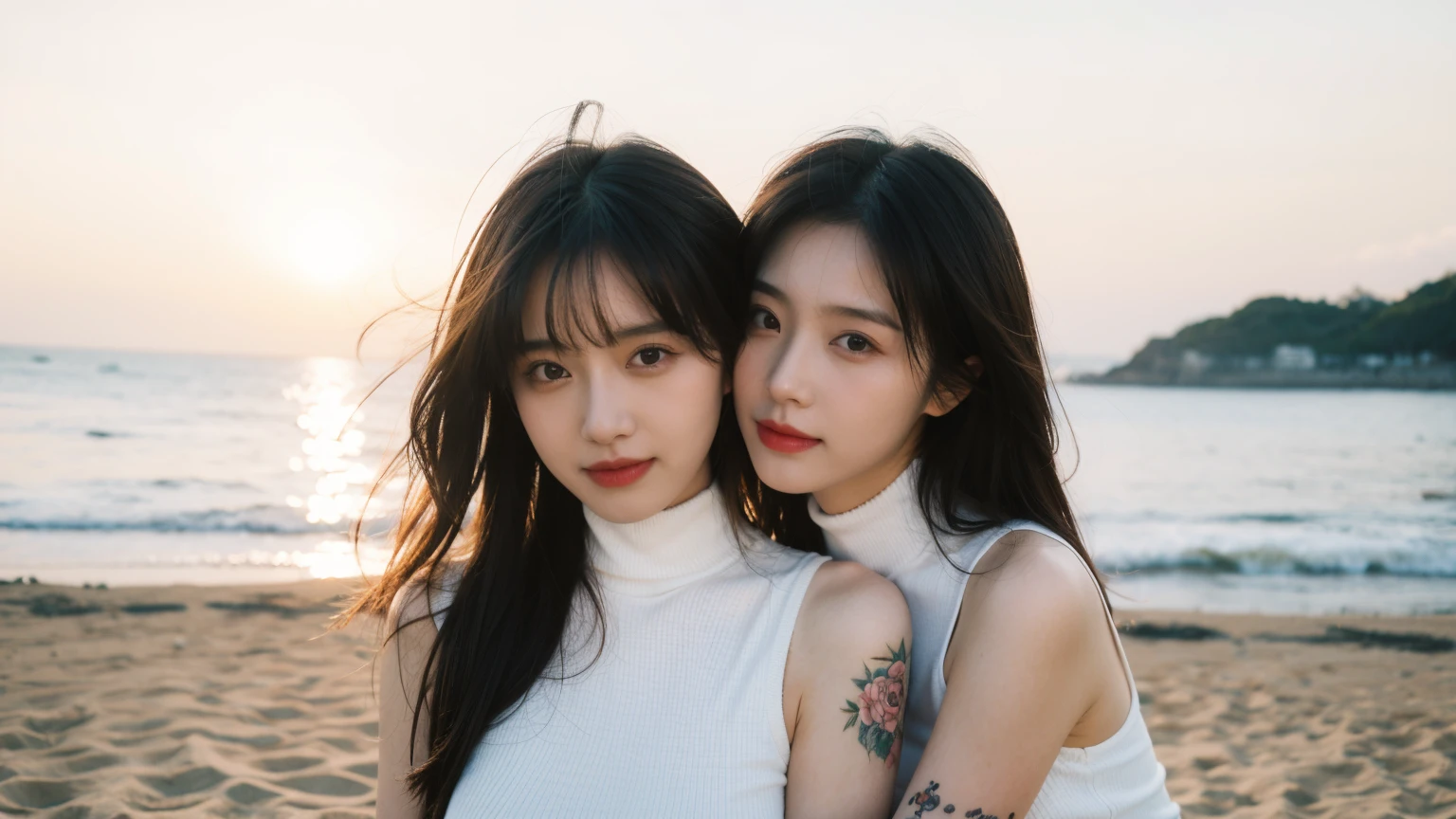 2 beautiful women hugging，(High resolution 8K Raw lifelike,best quality)，Fashion trendy beautiful charming woman，gentle and charming Chinese beautiful woman，South Korea,South Korea流行偶像，Charming goose egg face，double eyelids，Skillful[The lower eyeballs are peach colored，red pink lips，small nose，The focus is on the face，face close-up，Super detailed，Alphabet and Chinese character printed turtleneck bodysuit，Bare shoulders，long hair，(Half body：1.2)，lace，lace， fresh and impressive， natural color，headlight，Normal body proportions， big breasts，tattoo，(ocean，beach)，breeze in the breeze，sunshine on face，sweet smile