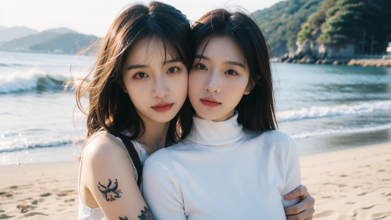 2 beautiful women hugging，(High resolution 8K Raw lifelike,best quality)，Fashion trendy beautiful charming woman，gentle and charming Chinese beautiful woman，South Korea,South Korea流行偶像，Charming goose egg face，double eyelids，Skillful[The lower eyeballs are peach colored，red pink lips，small nose，The focus is on the face，face close-up，Super detailed，Alphabet and Chinese character printed turtleneck bodysuit，Bare shoulders，long hair，(Half body：1.2)，lace，lace， fresh and impressive， natural color，headlight，Normal body proportions， big breasts，tattoo，(ocean，beach)，breeze in the breeze，sunshine on face，sweet smile