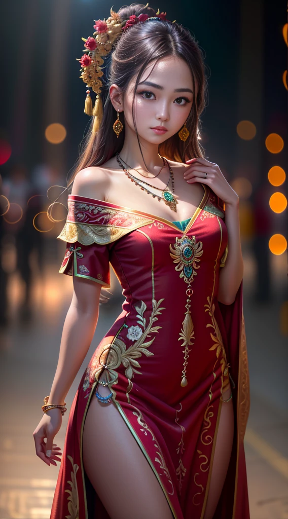 best quality, masterpiece, highres, 1 adult girl,china dress,hair ornament,necklace, jewelry,Beautiful face,upon_body, tyndall effect,photorealistic, dark studio, rim lighting, two tone lighting,(high detailed skin:1.2), 8k uhd, dslr, soft lighting, high quality, volumetric lighting, candid, Photograph, high resolution, 4k, 8k, Bokeh,