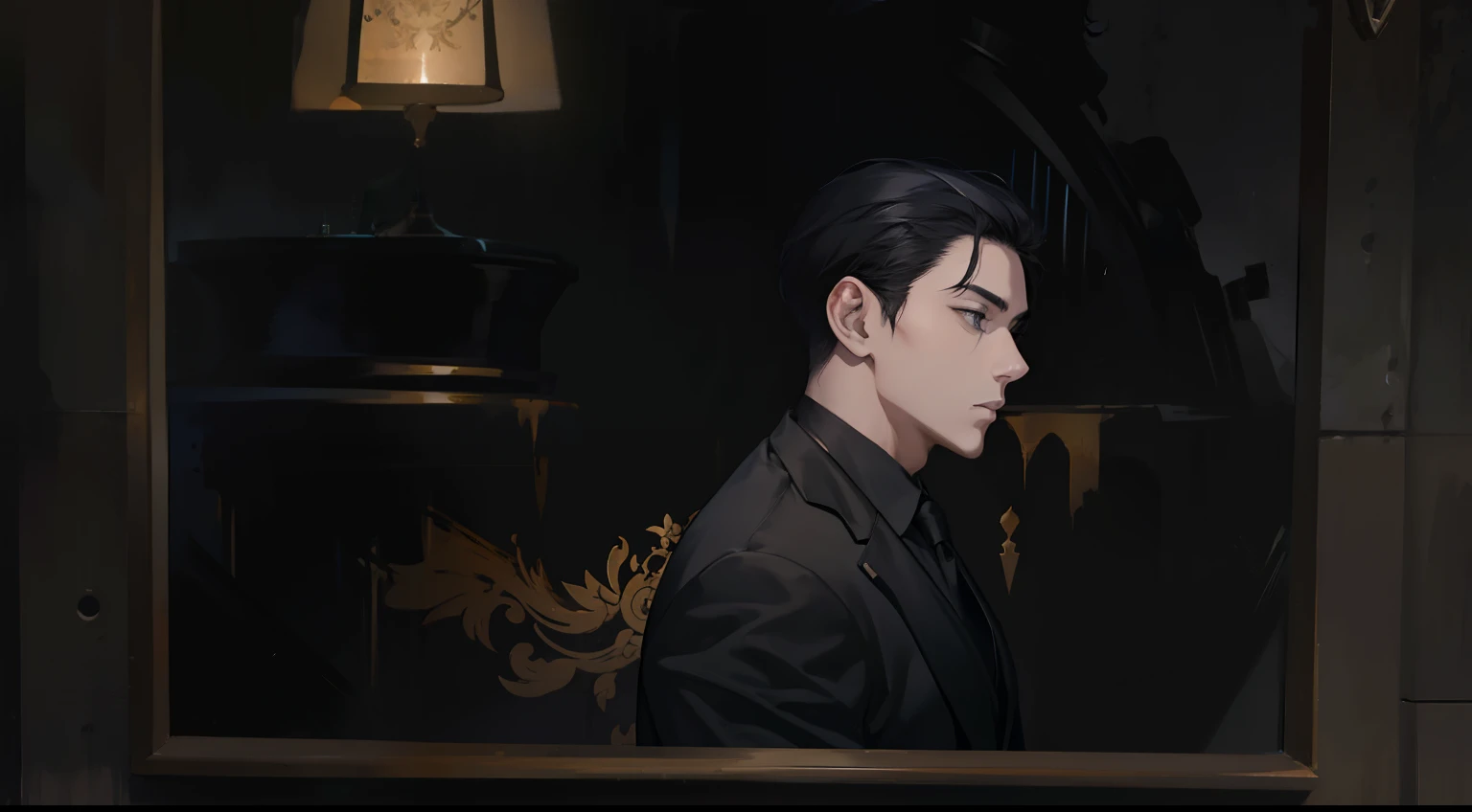 1 male, aldult, Handsome, muscular man, broad shoulders, black eyes, black hair, alone, Black suit,Oil head, cold,profile