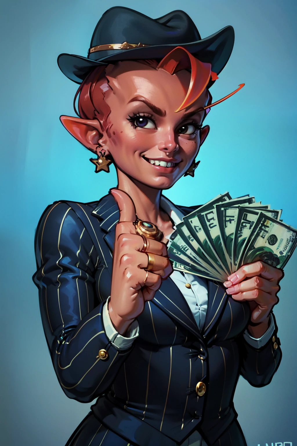 (masterpiece, best quality:1.2), gangstersb, 1girl, solo, looking at viewer, upper body, money, holding, holding money, thumbs up, hat, suit, grin, jewelry, dark_willow, detailed face