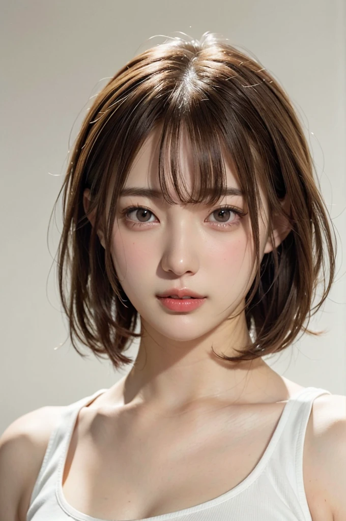 front shot, full body shot, (extremely realistic), (illustration), (high resolution), (8 thousand), (very detailed), (Best illustration), (beautiful and delicate eyes), (best quality), (ultra detail), (masterpiece), (wallpaper), (detailed face), night, upper body up, Short hair,Inner Color,alone,Simple White Tank Top Girl, laborious, Japanese, big bust, 