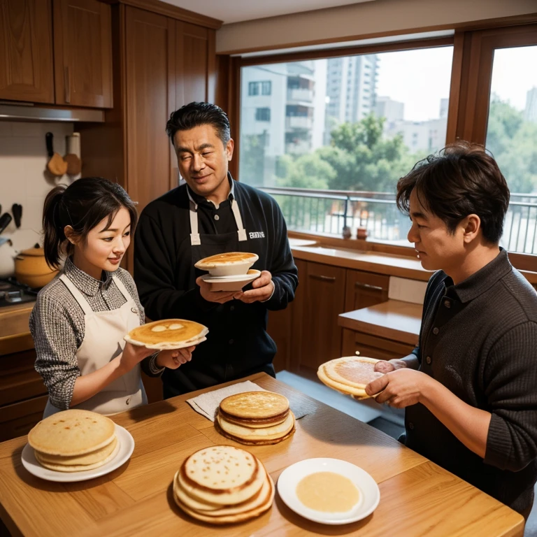 Middle-aged man makes flat pancakes,It has sesame seeds on top,There are four big characters in the background:Quzhou scones