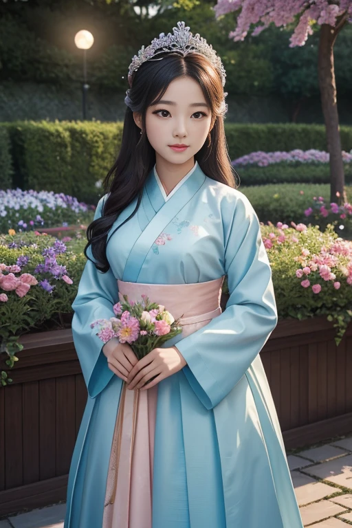 A beautiful girl in a hanbok dress stands in a vibrant garden filled with blooming flowers. The moon shines brightly in the night sky, casting a gentle glow on the scene. The camera angle captures the girl from a Dutch angle, adding a dynamic perspective to the image. The wide shot encompasses the entire garden, showcasing the intricate details of the flora and the girl's surroundings. 

The girl's hanbok dress is adorned with delicate floral patterns, reflecting the beauty of the garden. She wears a crown, emphasizing her regal presence in the scene. Her eyes sparkle with intricate details, capturaing the viewer's attention. Her lips are beautifully defined, enhancing her elegant appearance.

The garden is filled with various types of flowers, providing a colorful and lively atmosphere. The flowers are meticulously detailed, showcasing their individual petals and vibrant colors. The background of the garden is filled with lush greenery and trees, adding depth and texture to the scene. 

The overall image quality is of the highest standard, with a distinct image that captures every detail. The resolution is set to high, ensuring clear and crisp visuals. The scene is depicted with realism, featuring photorealistic elements that bring the image to life. The color palette is vivid and vibrant, enhancing the beauty of the flowers and the girl's attire. 

The lighting in the scene is carefully crafted, with a focus on creating a serene and enchanting atmosphere. The moonlight casts a soft glow on the garden, adding a touch of magic to the scene. The lighting also highlights the girl's features, accentuating her beauty and grace. 

This prompt combines the elements of a girl, a hanbok dress, a garden filled with flowers, the moon, and a distinct composition to create a captivating and visually stunning image. The prompt ensures the best quality, high resolution, and a distinct image that showcases the intricate details of the scene.